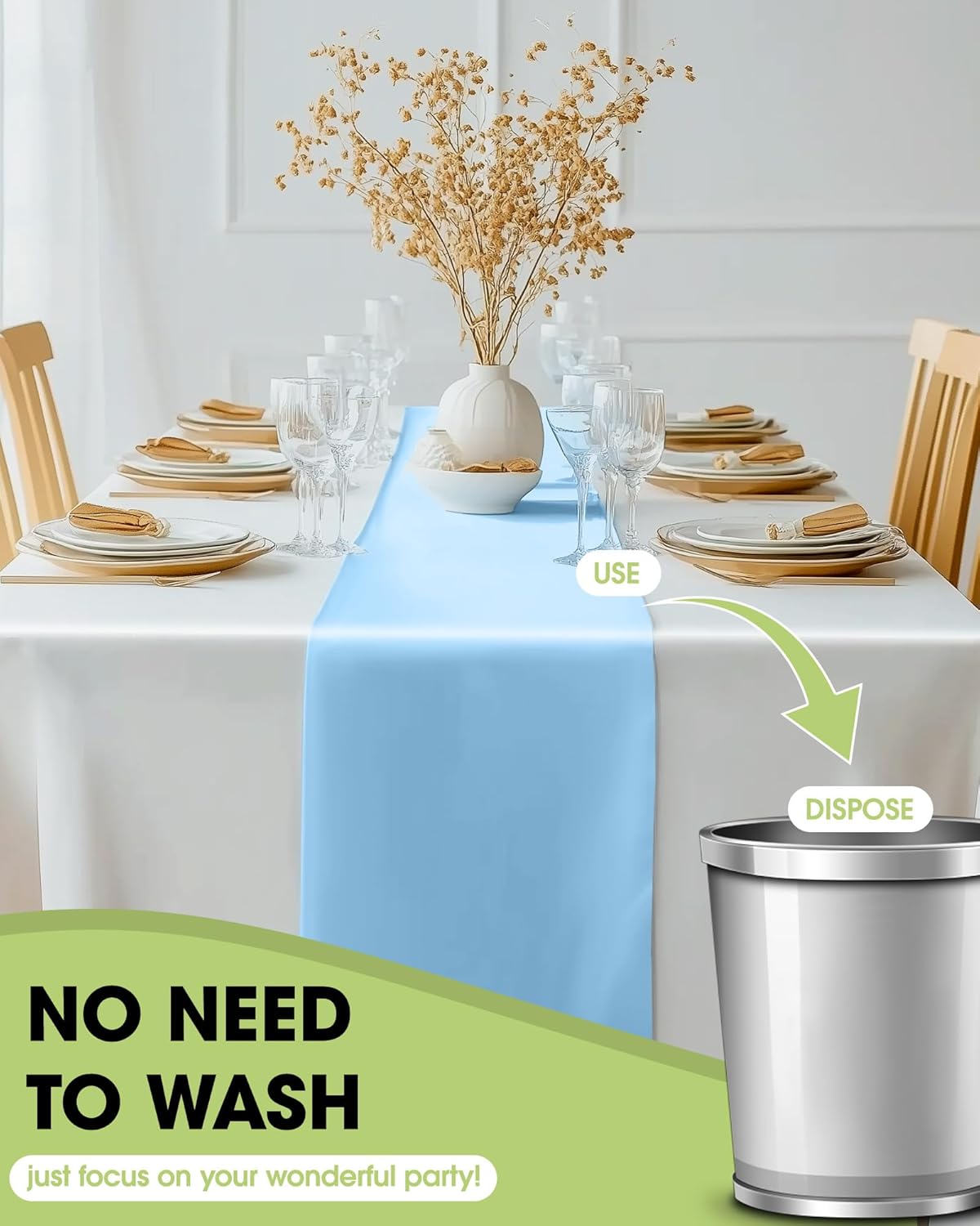 Pureegg Light Blue Plastic Table Runners - 10 Pack, 14'' x 108'', Water Resistant & Disposable Centerpiece Decorations for Table Cloth, Wedding, Birthday, Holiday, Baby Shower, Party, Home Decor