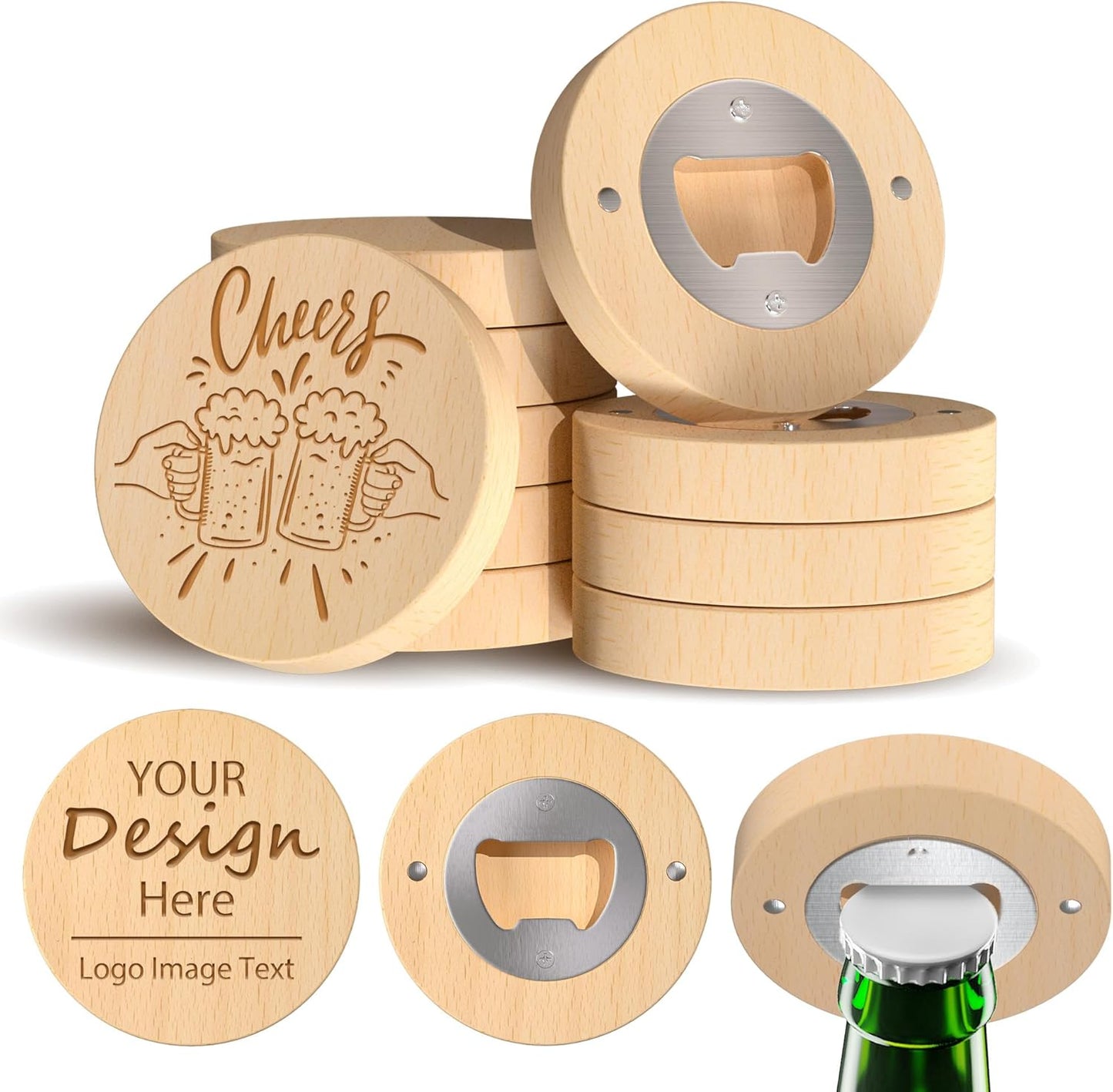 8 Custom Magnetic Bottle Opener Refrigerator, Personalized Engraved Wood Beer Openers, Wooden Round Fridge Magnet for Beer Lover Wedding Guest Bars Parties Men Gift Father's Day (Round)