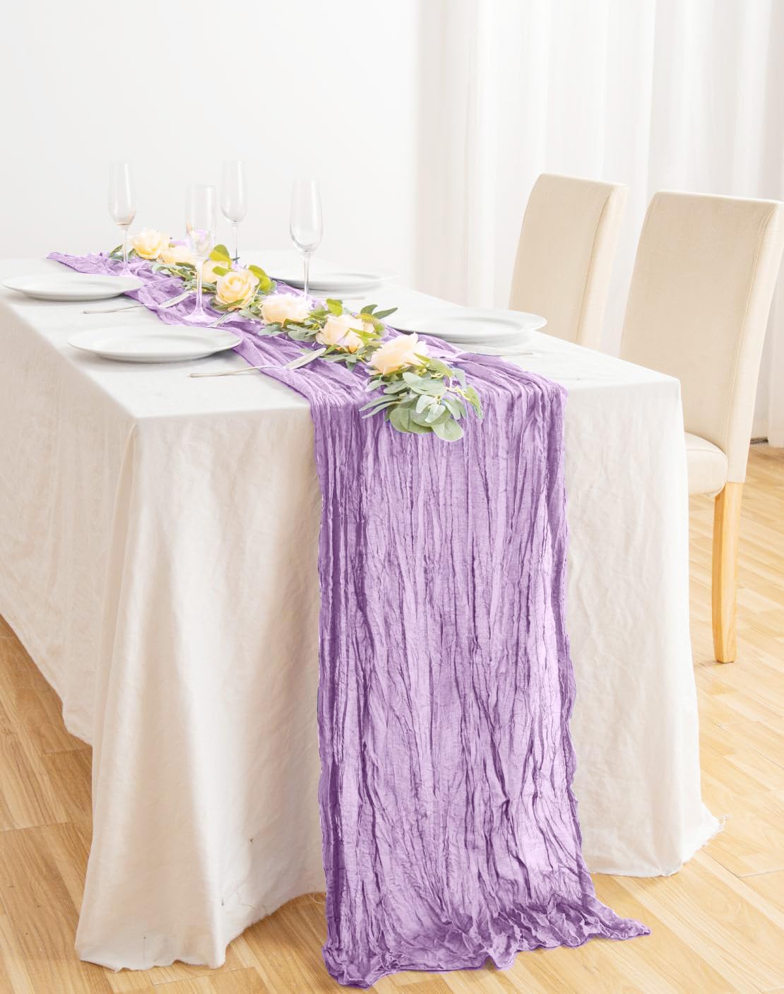 8 Pack 10Ft Table Runner 35x120 inch Purple Boho Gauze Table Cheese Cloth Long Wrinkled Sheer Table Runner for Wedding Bridal Shower Birthday Party Table Decor