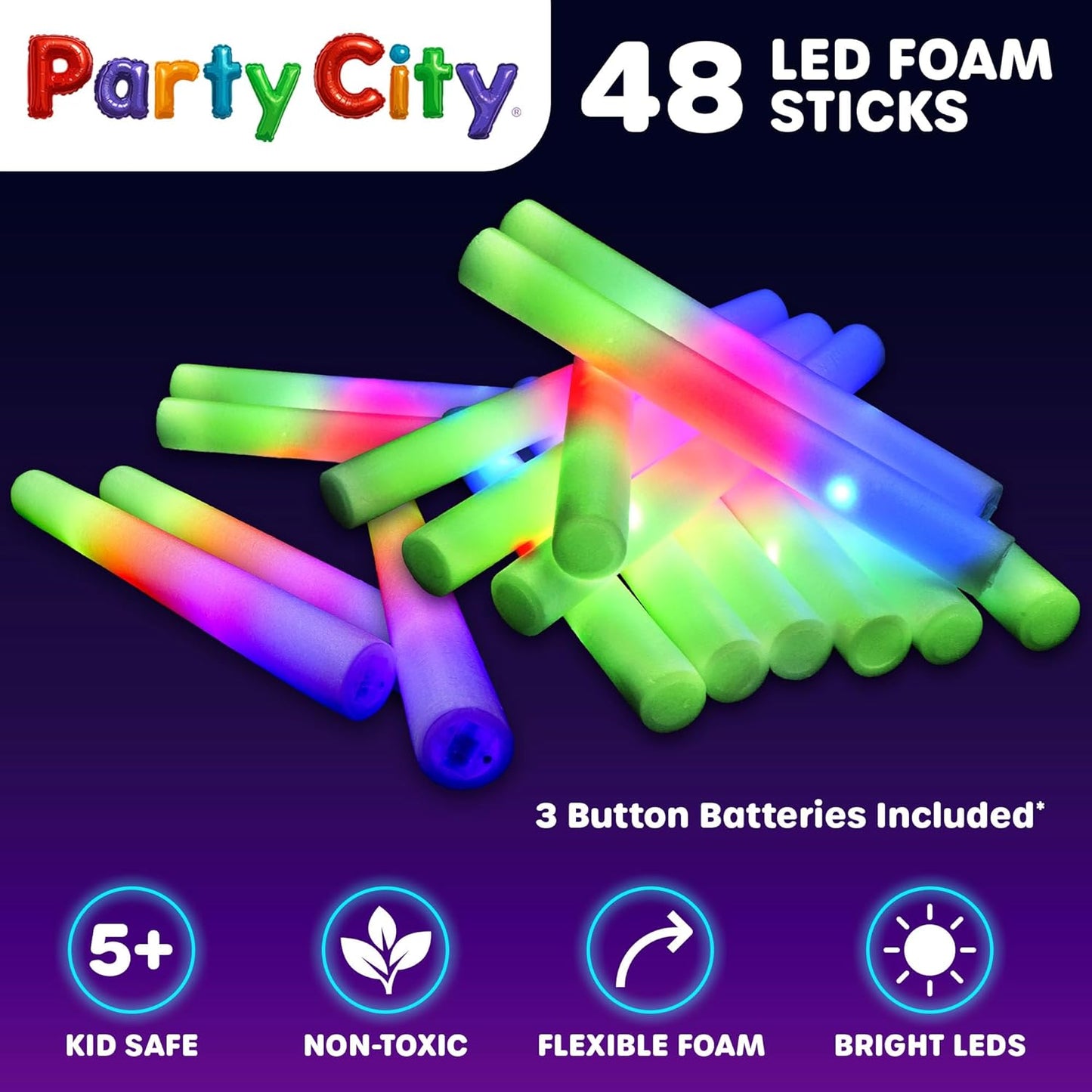 Party City 48pk LED Foam Glow Sticks 14”- Glow in the Dark Party Supplies Favors, Colorful Flashing Wand with 3 Modes, Foam Light Up Sticks Bulk Party Pack for Wedding, Birthday, Concert, Halloween