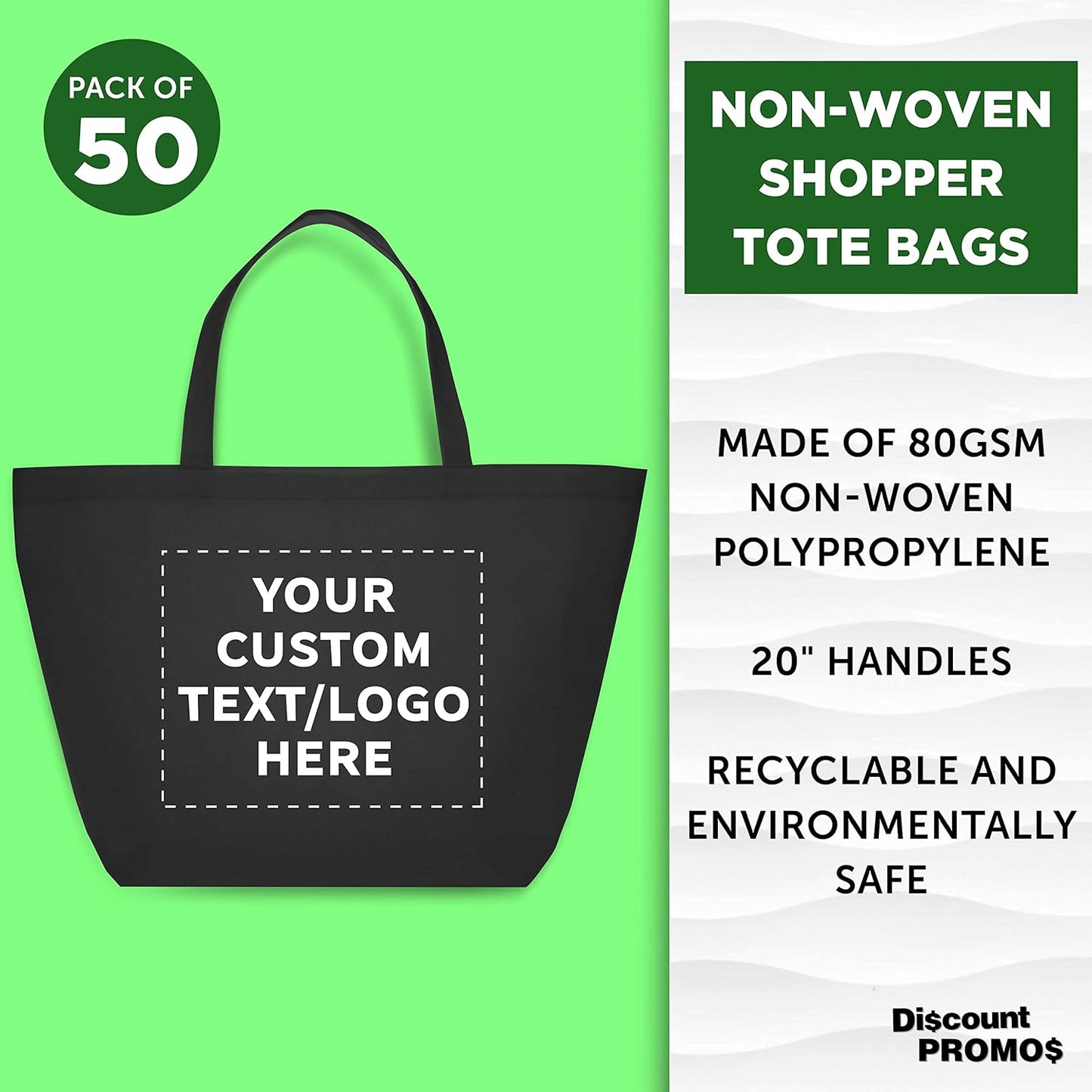 DISCOUNT PROMOS Custom Southern Style Grocery Tote Bags Set of 50 - Personalized Bulk Pack, Reusable Grocery & Shopping Bags - Great for Travel, Carry on Bag, Business Promotions - Black - 20"X13"X8"