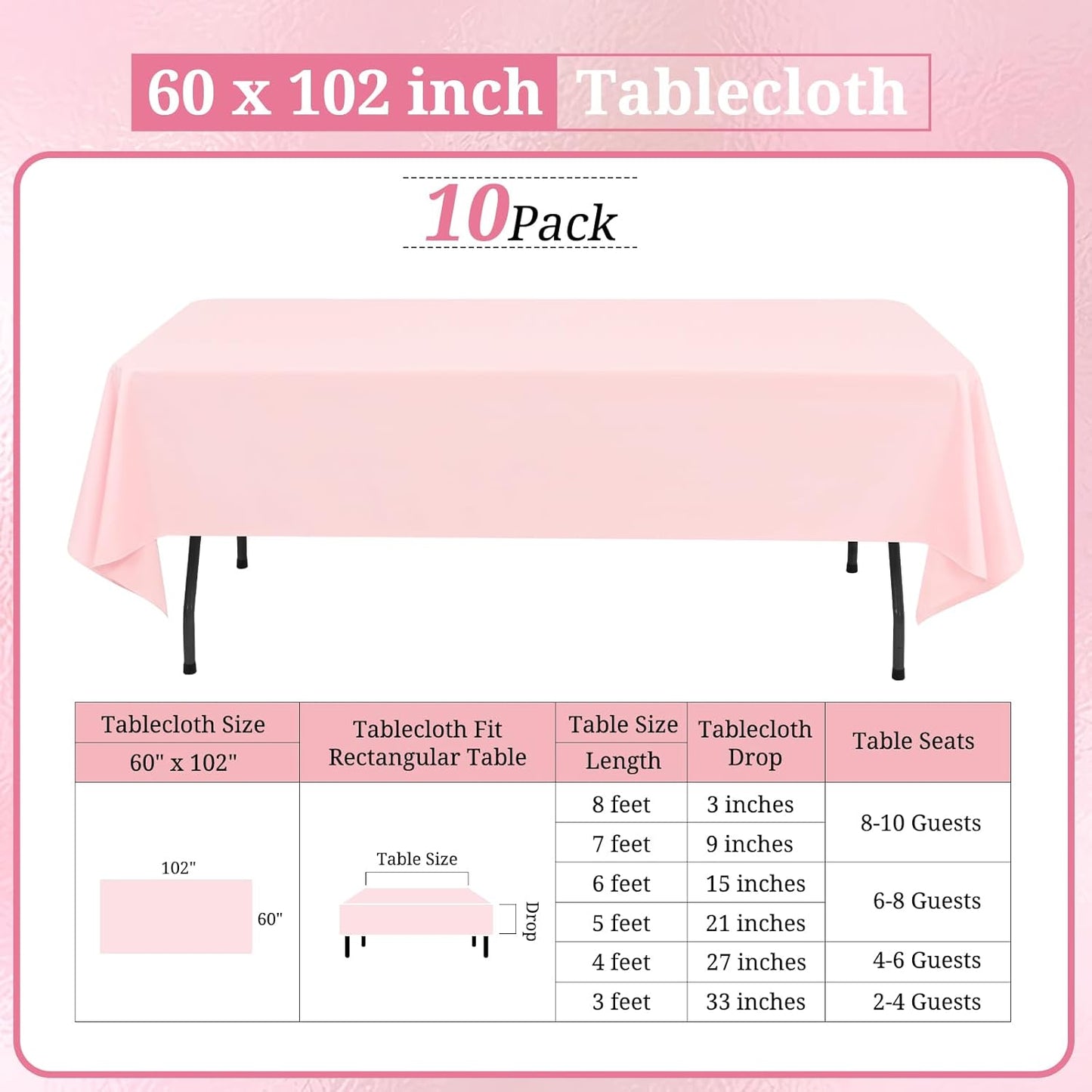 10 Pack Pink Tablecloths for 6ft Rectangle Tables 60 x 102 Inch - Polyester Table Cover Stain and Wrinkle Resistant Washable Fabric Table Clothes for Wedding Party Banquet Reception Restaurant