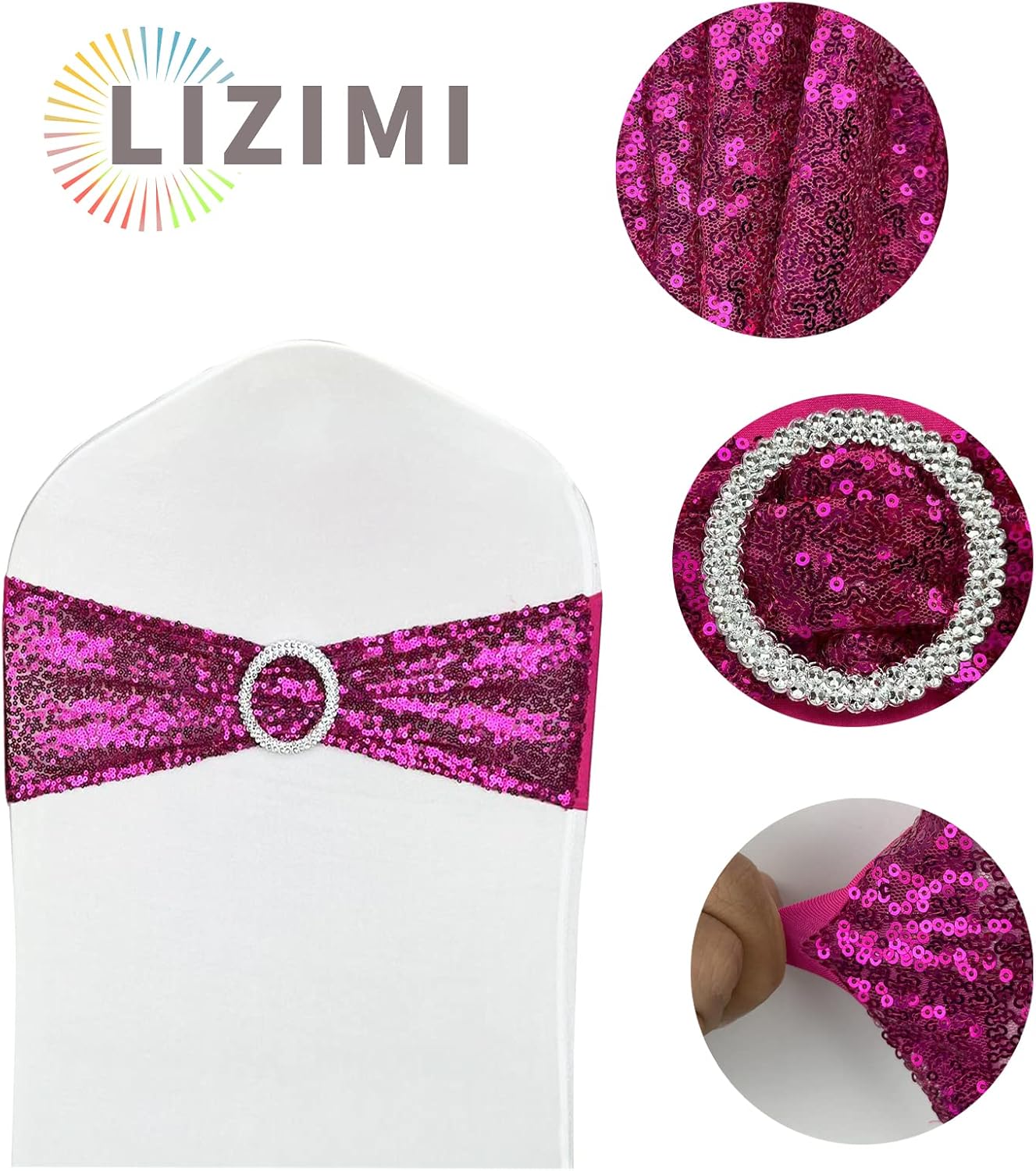 25 Pcs Sequin Chair Sashes Stretch Chair Bands Spandex Polyester Bows for Party Hotel Wedding Banquets Decoration - Magenta