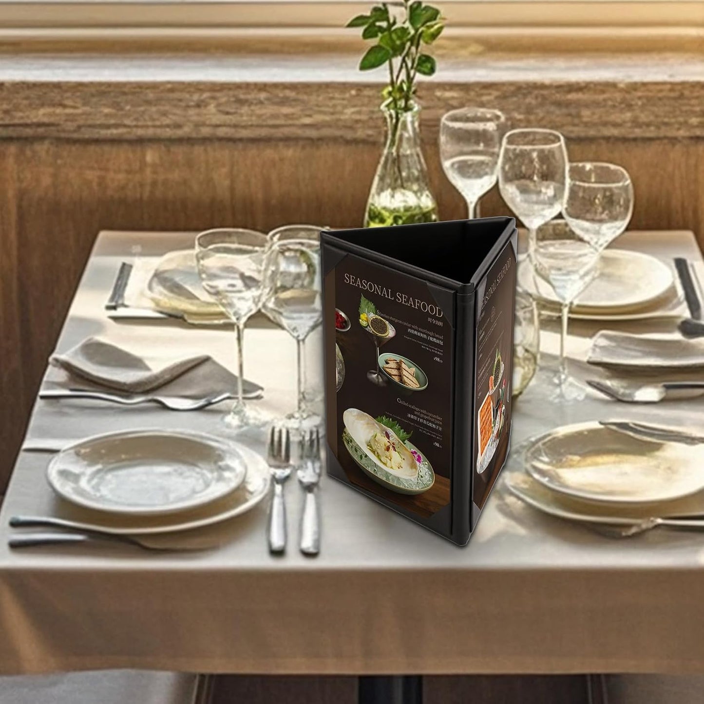 Menu Covers - Set of 10 Double-Sided Table Tent Cards for Restaurant, Dinner Party, and Bar Menus - Includes Bill Holder and Reserved Seating Signs - Easy to Clean and Foldable (10, 5"x7"Trifold)