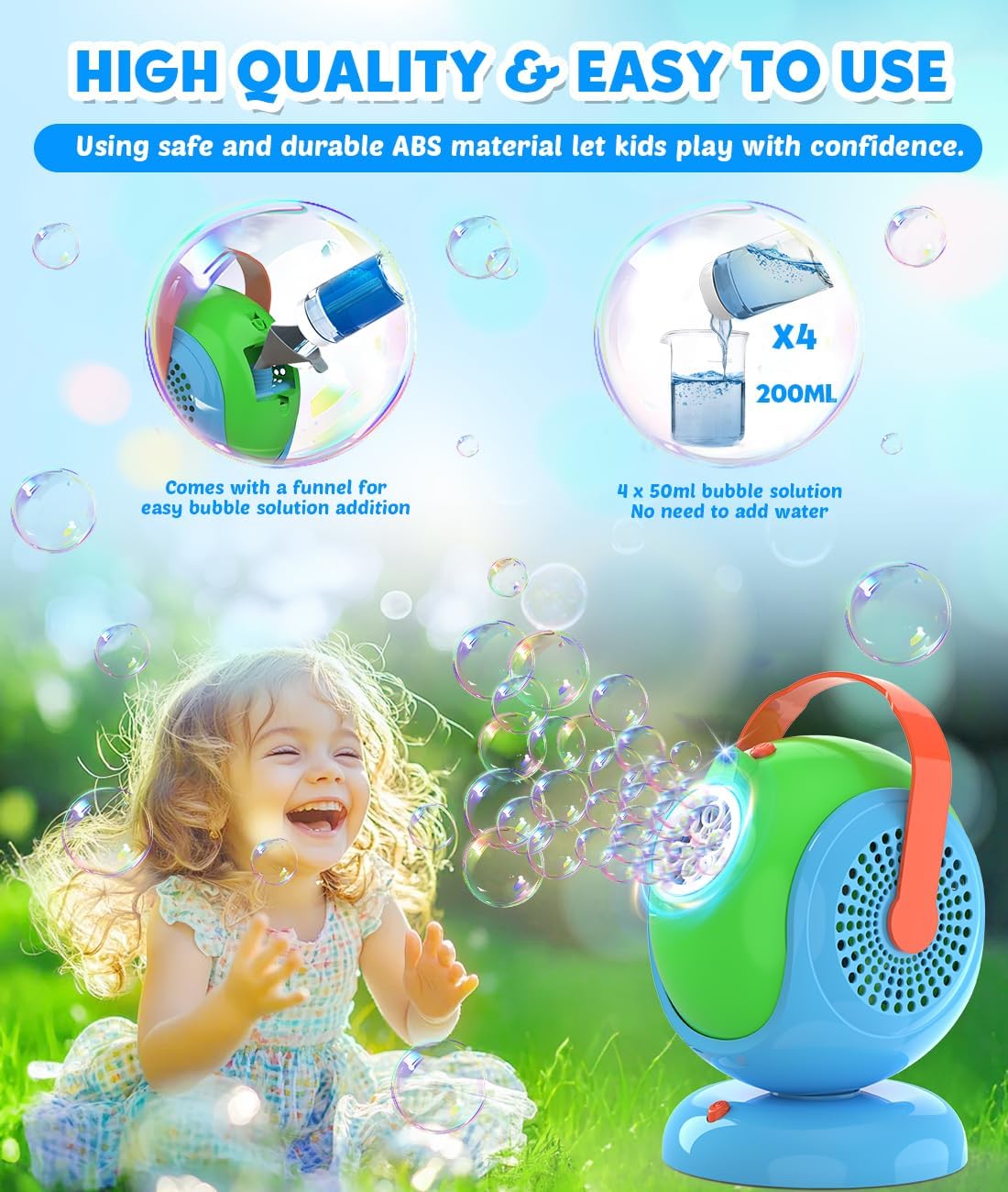 Joyfuture Bubble Machine, Automatic Bubbles Blower for Kids, Toddlers - 360° Rotation, 75° Adjustment, with Handle - Gifts Toys for Boys, Girls Age 1+ Year Old, Hallween, Outdoor, Birthday Party