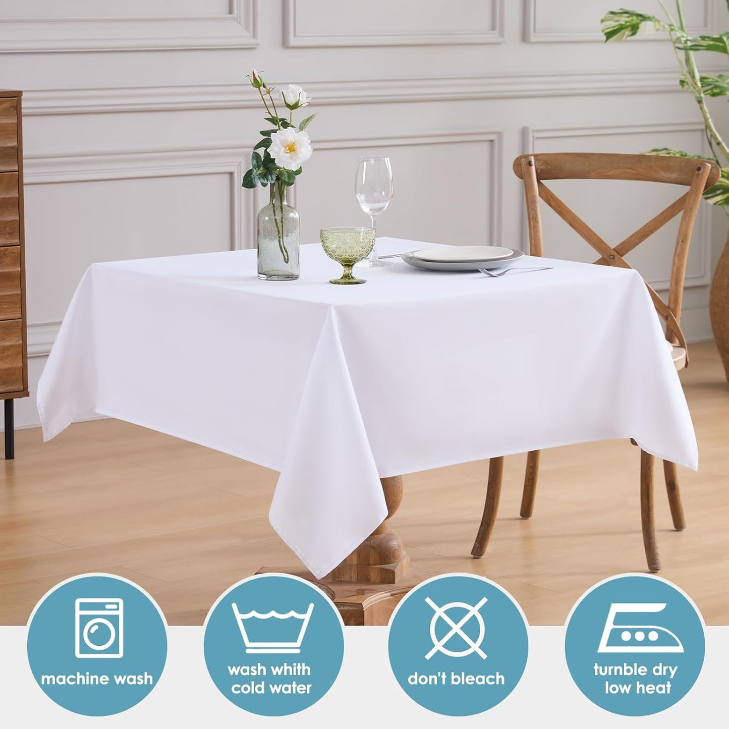 VidaFete Square Tablecloth 2 Pack 52 x 52 Inch Tablecloths Stain Wrinkle Resistant Polyester Dining Table Cover for Kitchen Dinning Party Wedding Rectangular Tabletop Buffet Decoration(White)