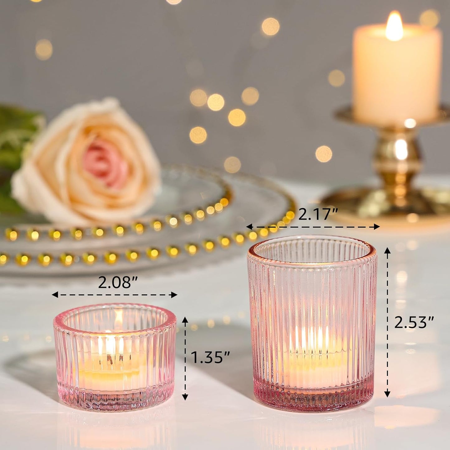 24 Pcs Glass Votive Candle Holders – Assorted Ribbed Pink Tea Light Holders Bulk for Weddings, Baby Showers, Parties, Home Décor, and Table Centerpieces