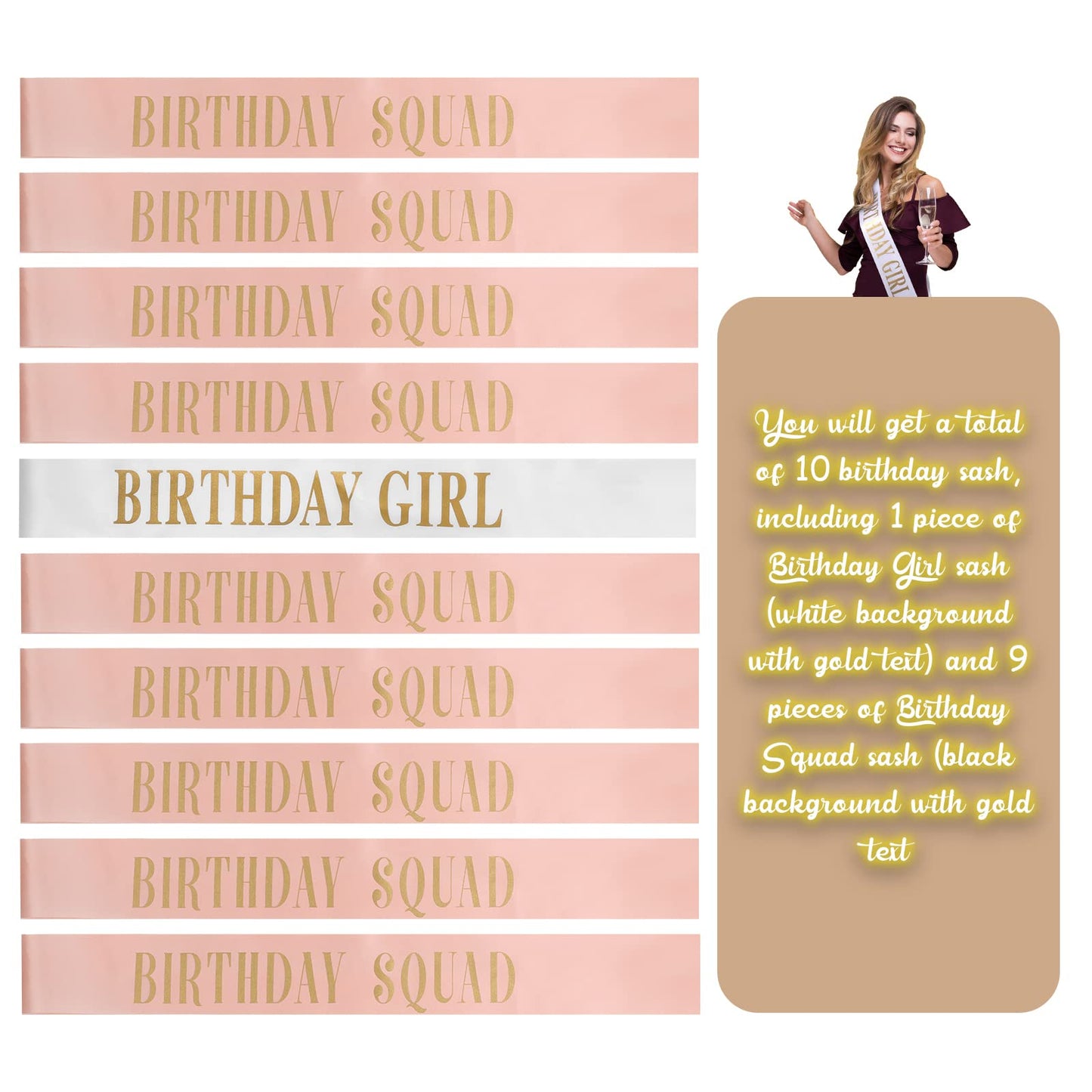 Weewooday 10 Pcs Birthday Squad Sash Set 9 Pink 1 White Birthday Group Sash Funny Party Decorations