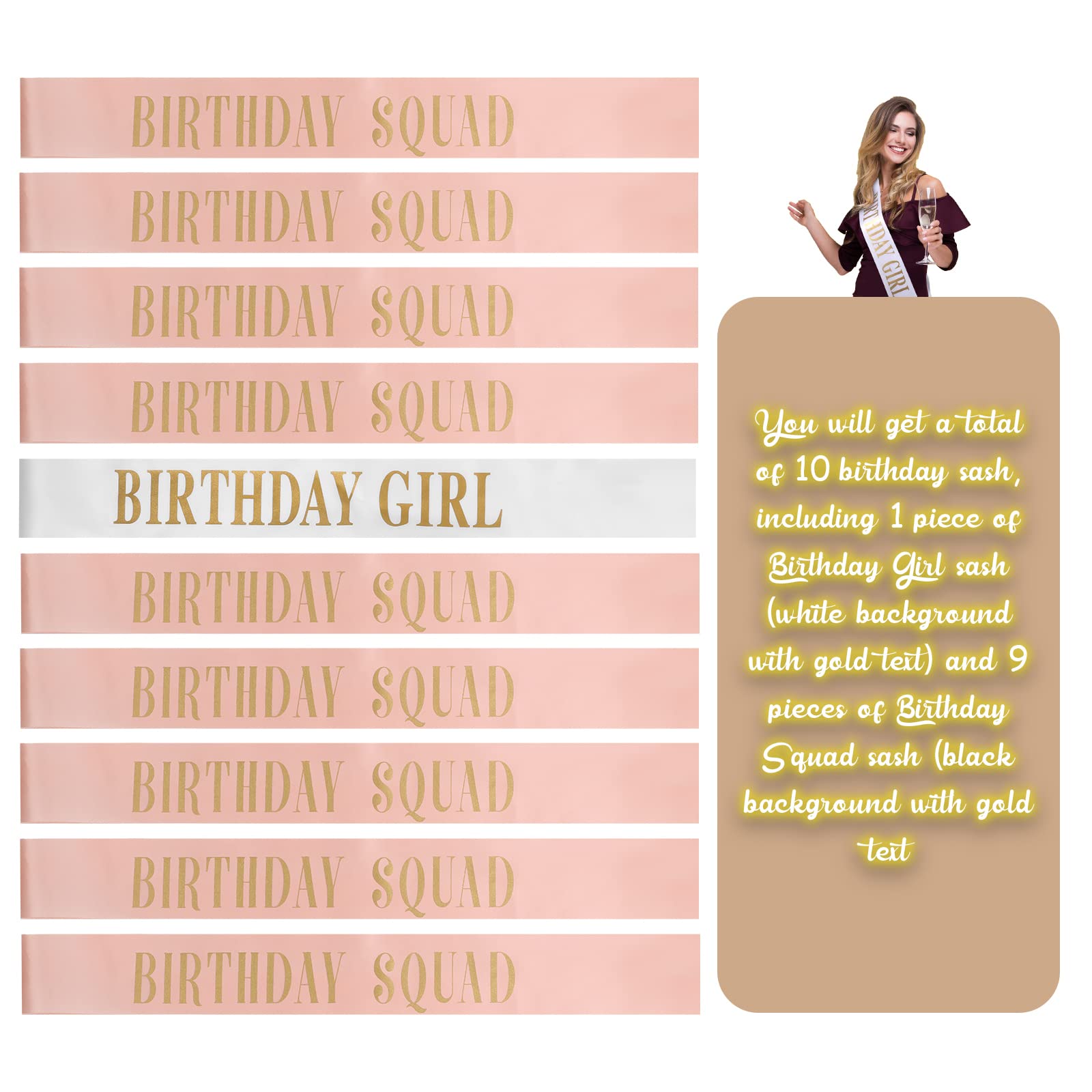 Weewooday 10 Pcs Birthday Squad Sash Set 9 Pink 1 White Birthday Group Sash Funny Party Decorations