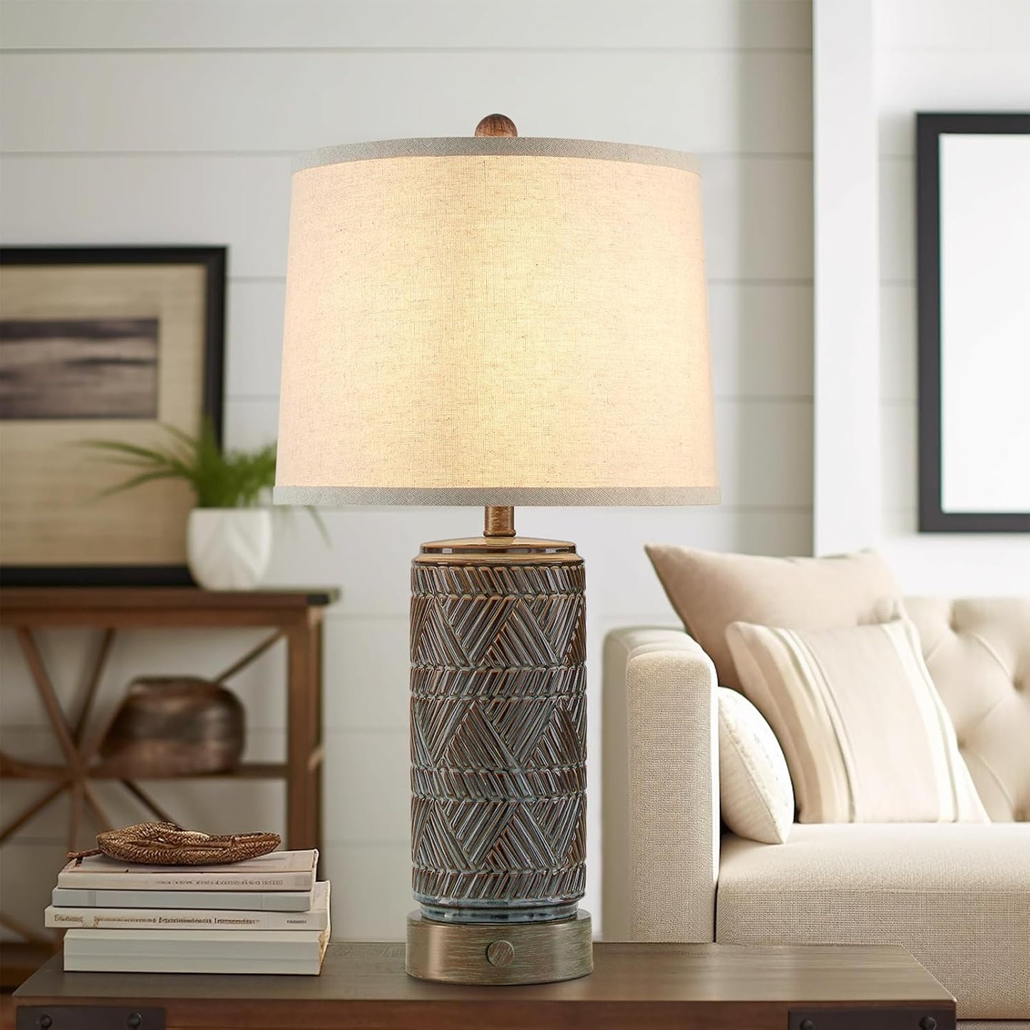 RORIA Set of 2 Farmhouse Table Lamps for Living Room Bedroom, 3 Way Dimmable Touch Nightstand Lamp with 2 USB Port, Rustic Vintage Bronze Ceramic Lamps for End Table Bedside, Bulbs Included