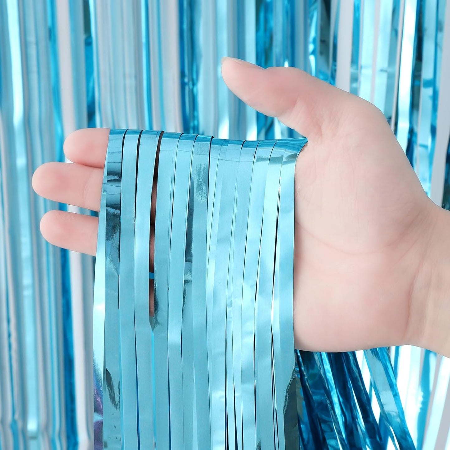 2 Pack 3.3x8.2 Feet Light Blue Foil Fringe Backdrop Curtains, Tinsel Streamers Birthday Party Decorations, Fringe Backdrop for Graduation, Baby Shower, Gender Reveal, Disco Party