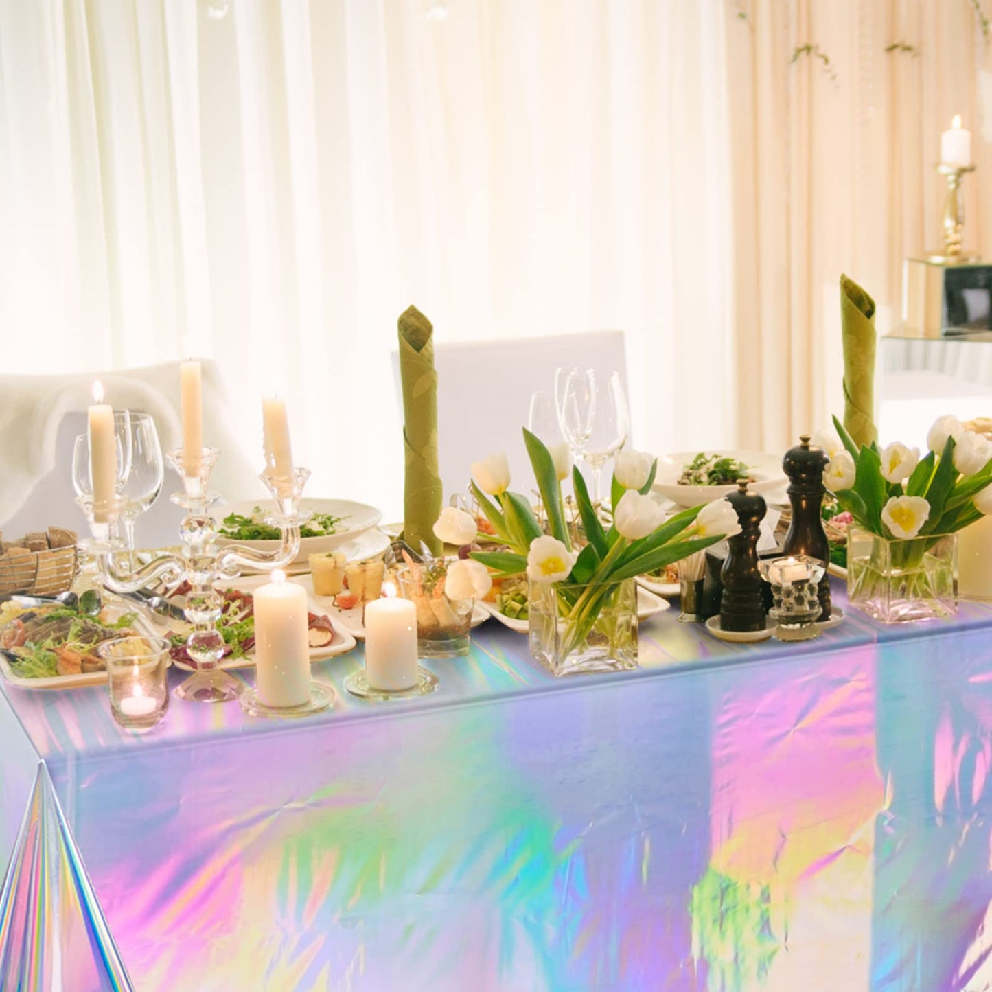 FunnyPars 4 Pack Iridescent Plastic Tablecloths, Disposable Table Covers
