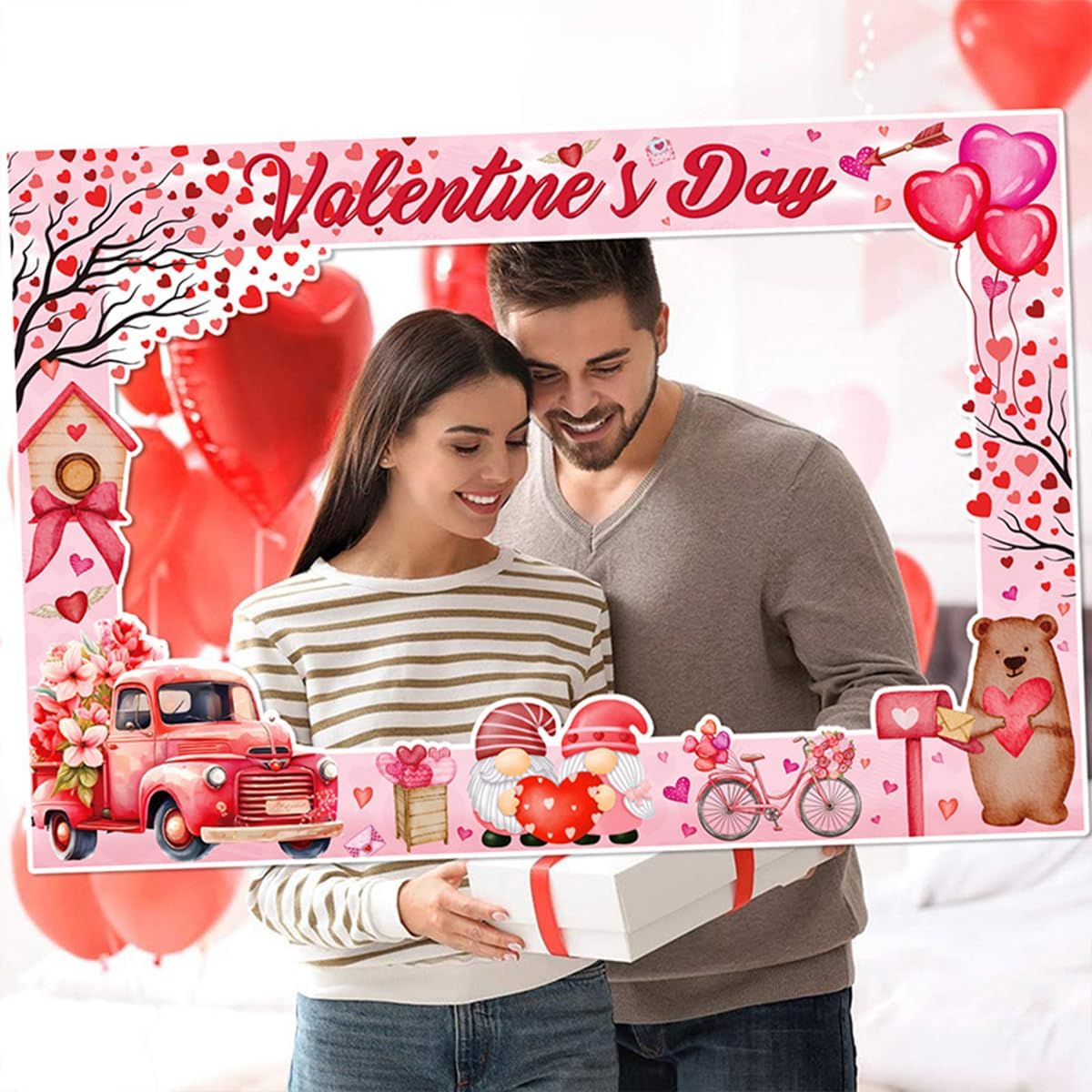 Valentine's Day Photo Booth Props Frame Pink Heart Valentine's Day Theme Selfie Photo Booth Picture Frame Photobooth Props for Photoshoot Posing Signs for Valentine Day Wedding Festival Party Decor