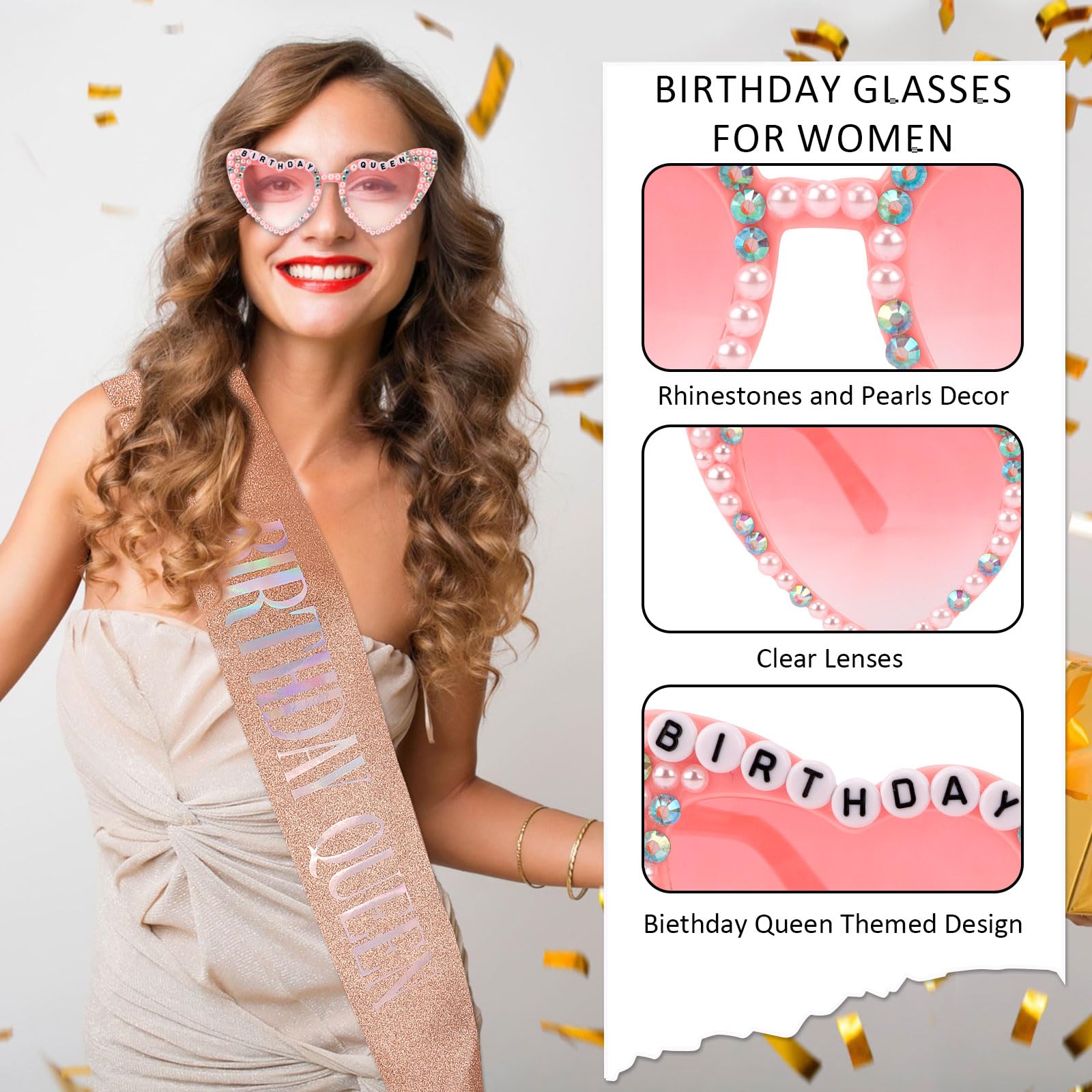 Tihebax Birthday Sash for Women, Birthday Queen Sash with Glasses for Girls Women Birth Day