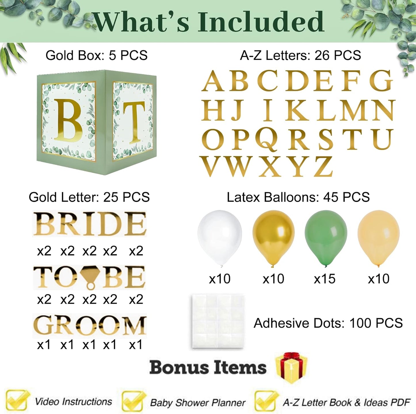 101 PC Greenery Bridal Shower Decorations Balloon Boxes Gold- Blocks with BRIDE TO BE + GROOM + A - Z Letters and 40 Balloons- Engagement Bachelorette Parties Weddings Centerpieces Photo Booth Props