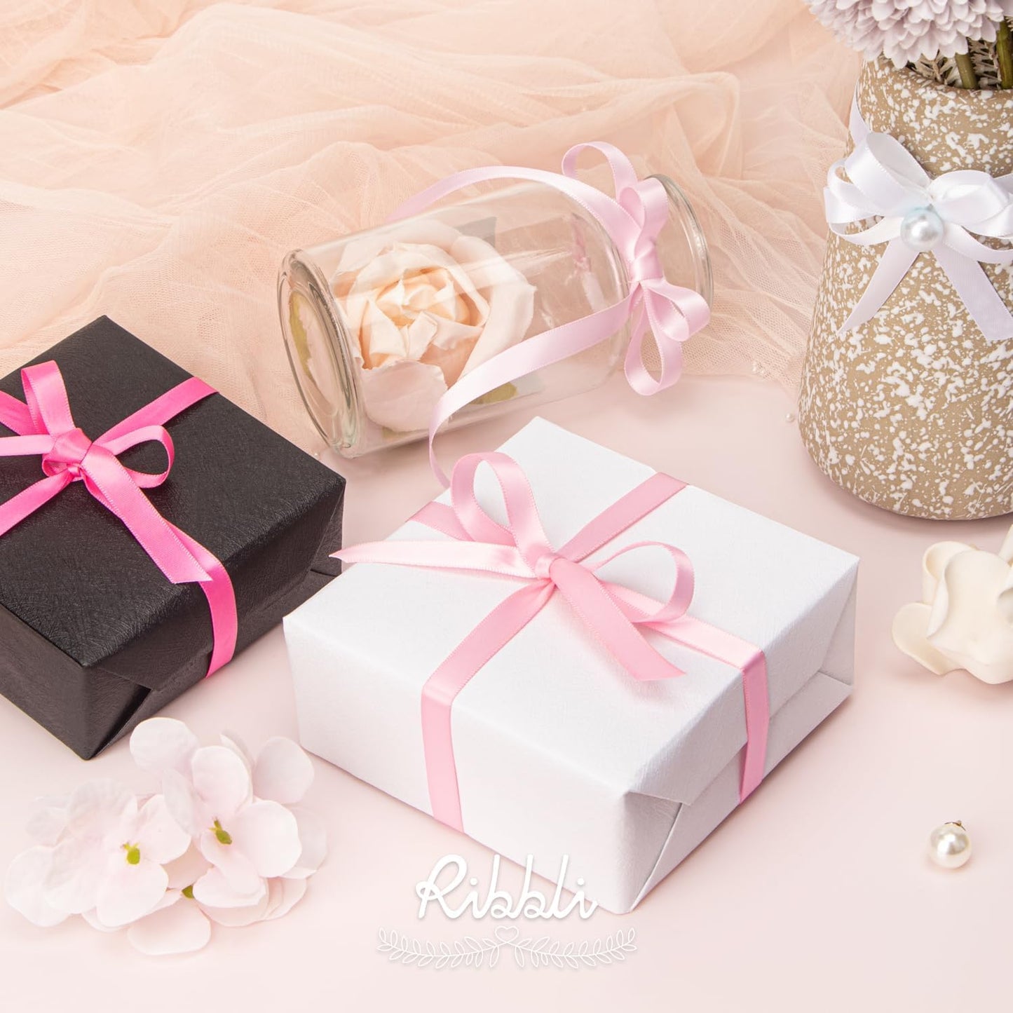 Ribbli Double Faced White Satin Ribbon,3/8” x Continuous 25 Yards,Fabric Ribbon use for Bows Bouquet,Gift Wrapping,Floral Arrangement