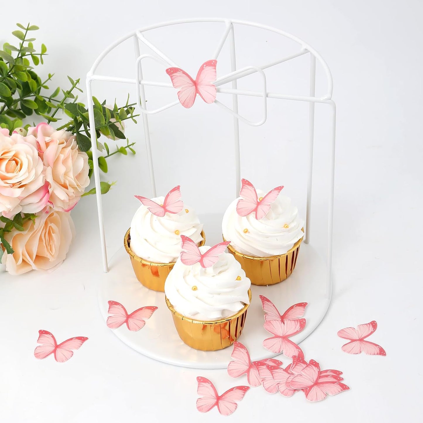 48Pcs Edible Butterflies for Cake Decorations Pink Wafer Paper Butterfly Cupcake Toppers Wafer Glutinous Paper Butterflies for Wedding Baby Shower Kids Birthday Party Cupcakes Decorating (Pink)