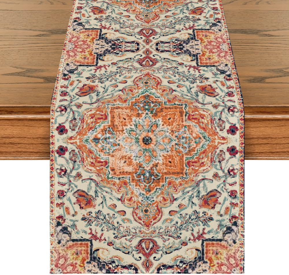 Artoid Mode Boho Bohemia Style Orange Table Runner, Country Rustic Farmhouse Magical Fall Kitchen Dining Table Decoration for Home Party Decor 13x72 Inch