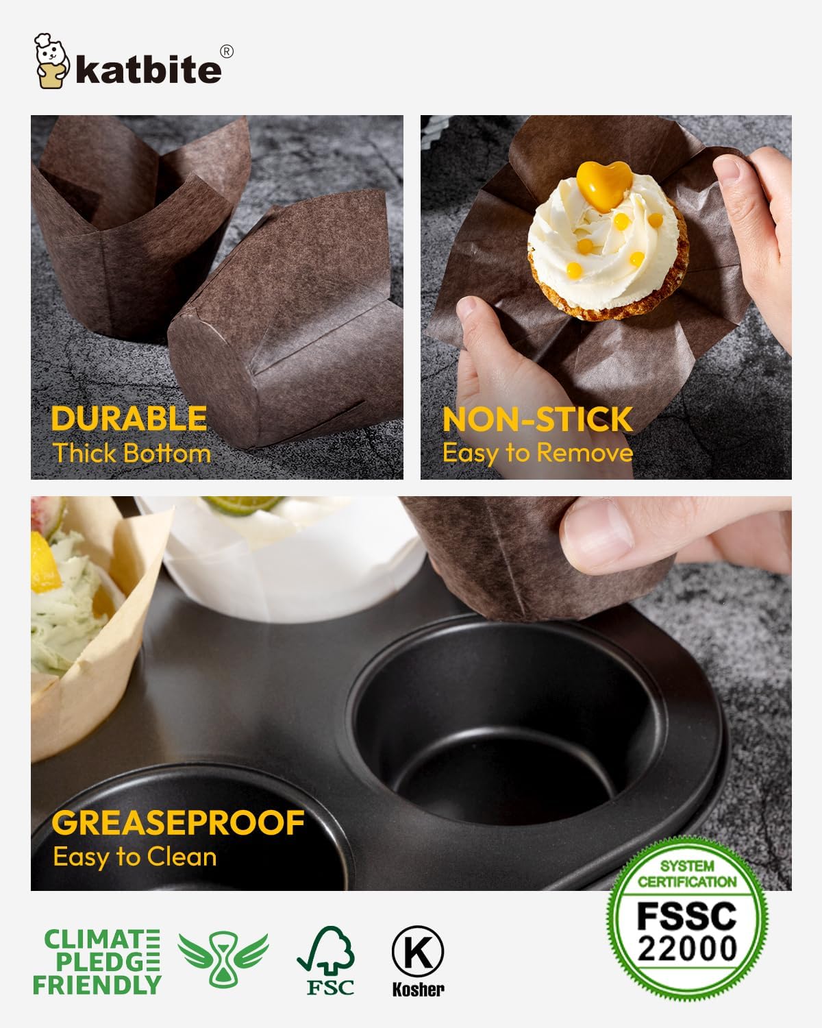 Katbite Tulip Cupcake Liners 200PCS, Muffin Baking Cupcake Liners Holders, Baking Cups, Cupcake Wrapper for Party, Wedding, Birthday, (Coffee)