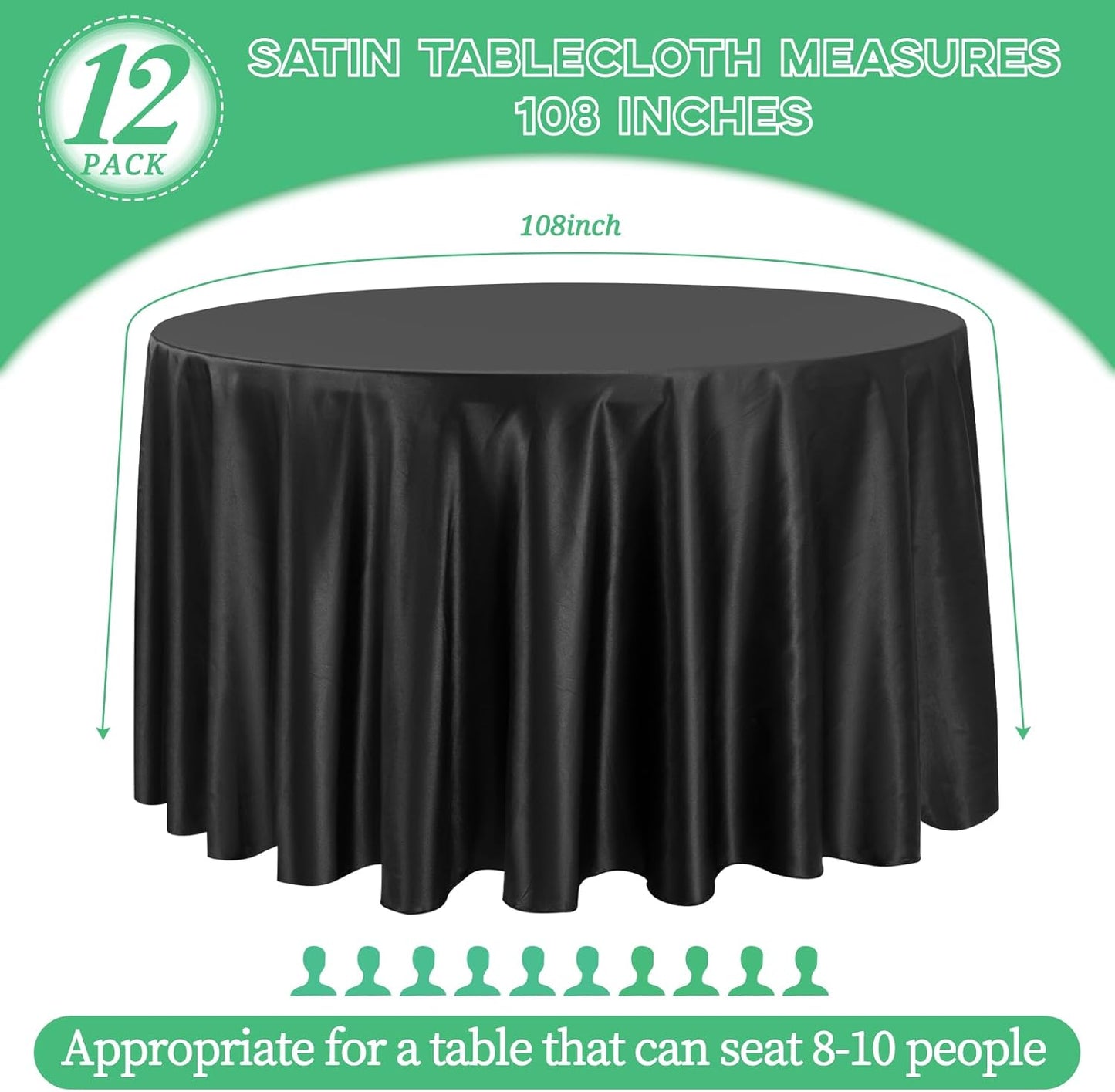 fani 12 Pack 108 Inch Black Satin Tablecloth - Premium Bright Silky Round Tablecloth Overlay Smooth Fabric Table Cover, Table Decoration for Wedding Party Banquet Events Restaurant Kitchen Dining