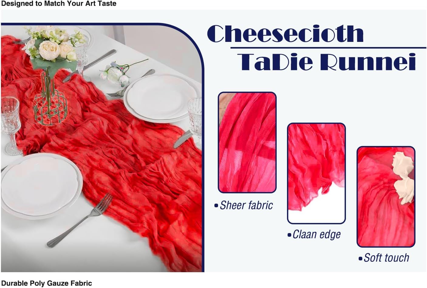 6 Pack 10ft Red Cheesecloth Table Runner 21x120 Inch Boho Wrinkled Sheer Romantic Gauze Decor for Wedding, Bridal Shower, Birthday Party