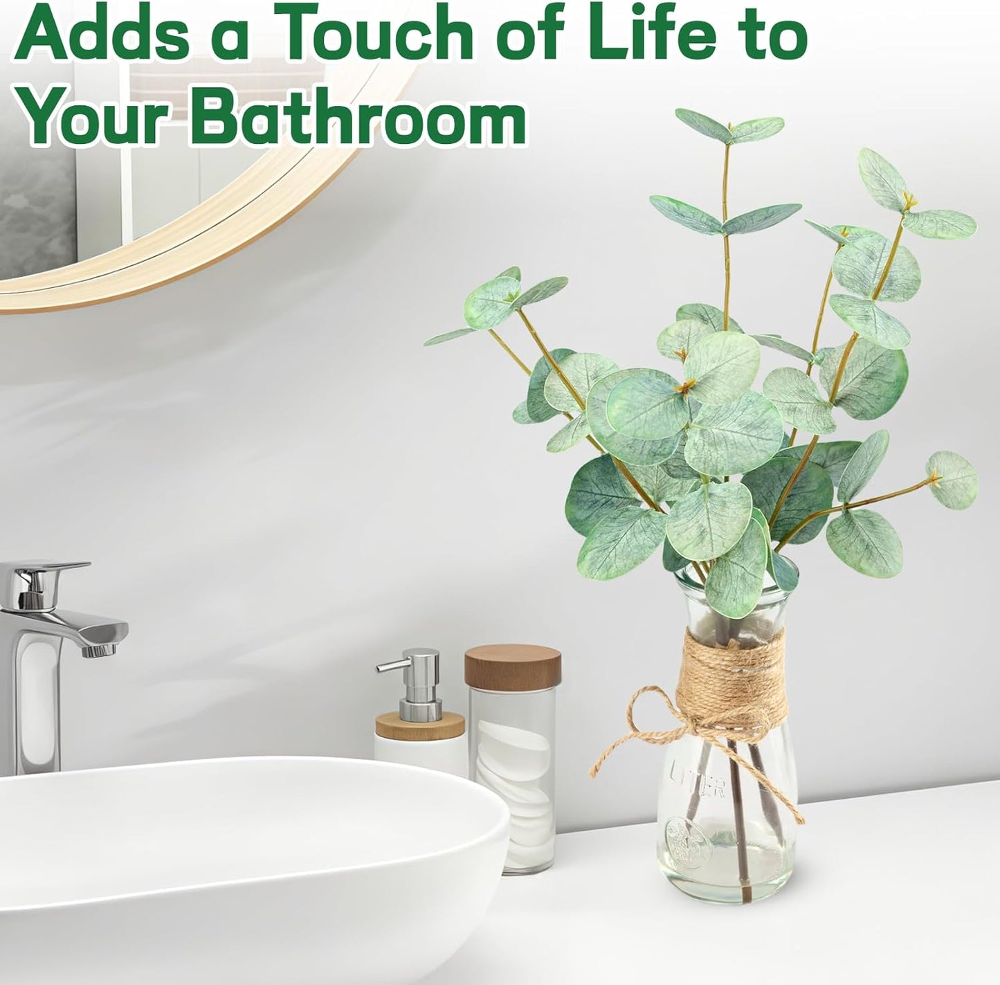 Artificial Eucalyptus Stems in Glass Vase with Faux Water, 15" Small Bathroom Greenery with Double-Sided Green Leaves, Farmhouse Office Decor, Realistic Fake Plant Wedding Centerpiece