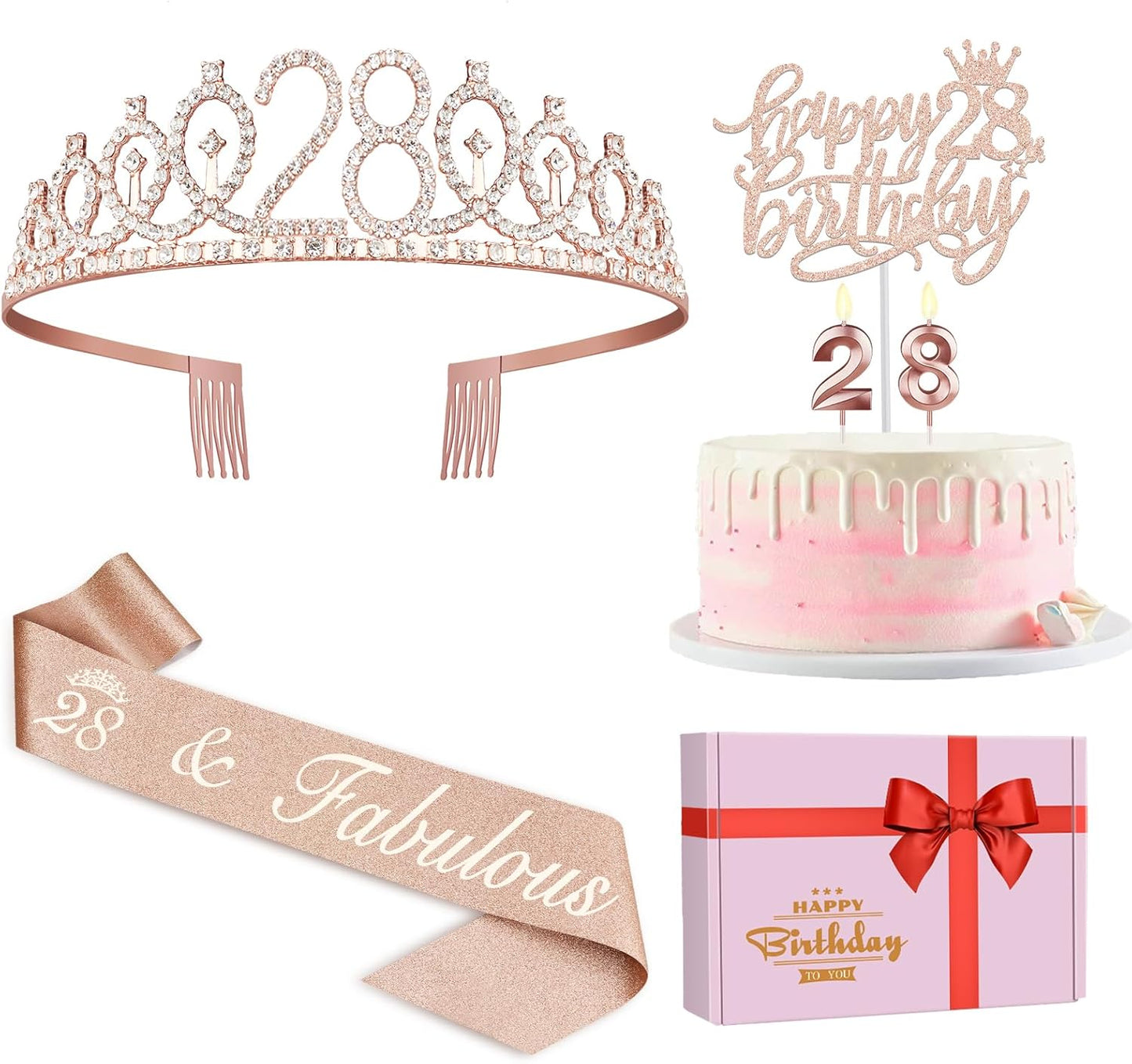 28th Birthday Decorations for Women with Birthday Sash and Tiara, Candles and Cake Topper, Gifts for 28 Year Old Woman