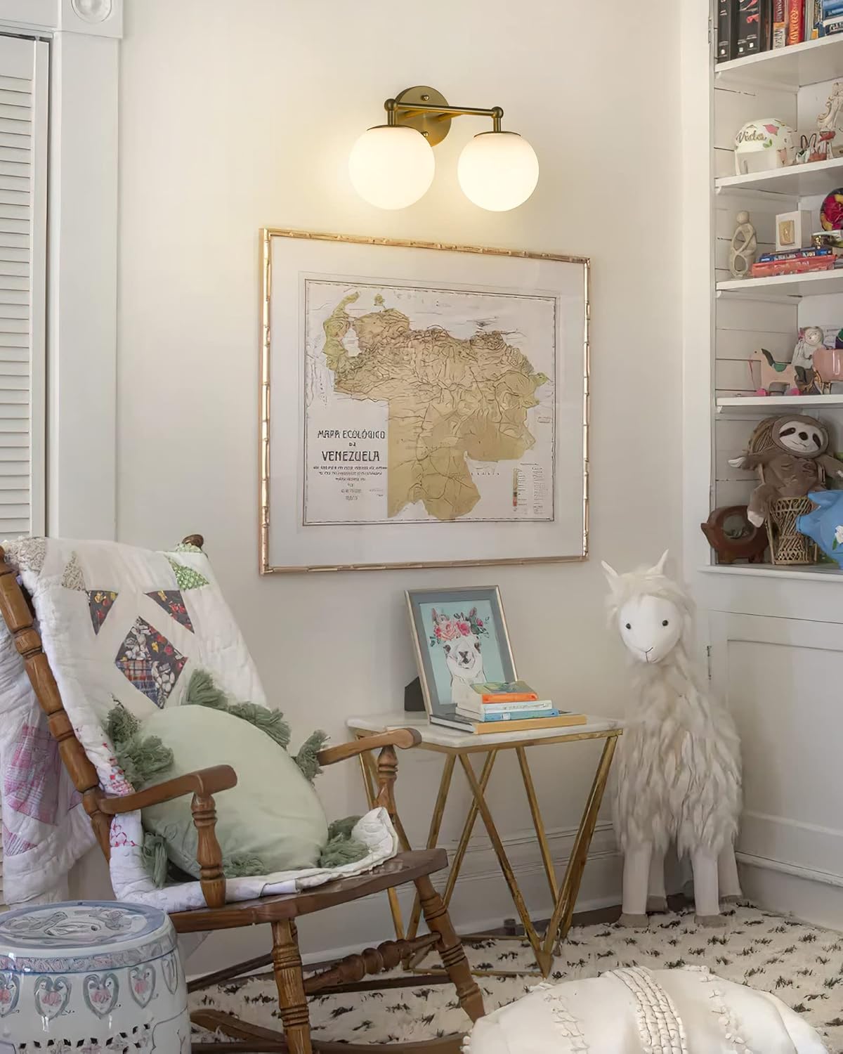 Gold Bathroom Light Fixtures, 2-Light Vanity Lights Over Mirror Wall Sconce with White Etched Glass Globe, KW-7308-2