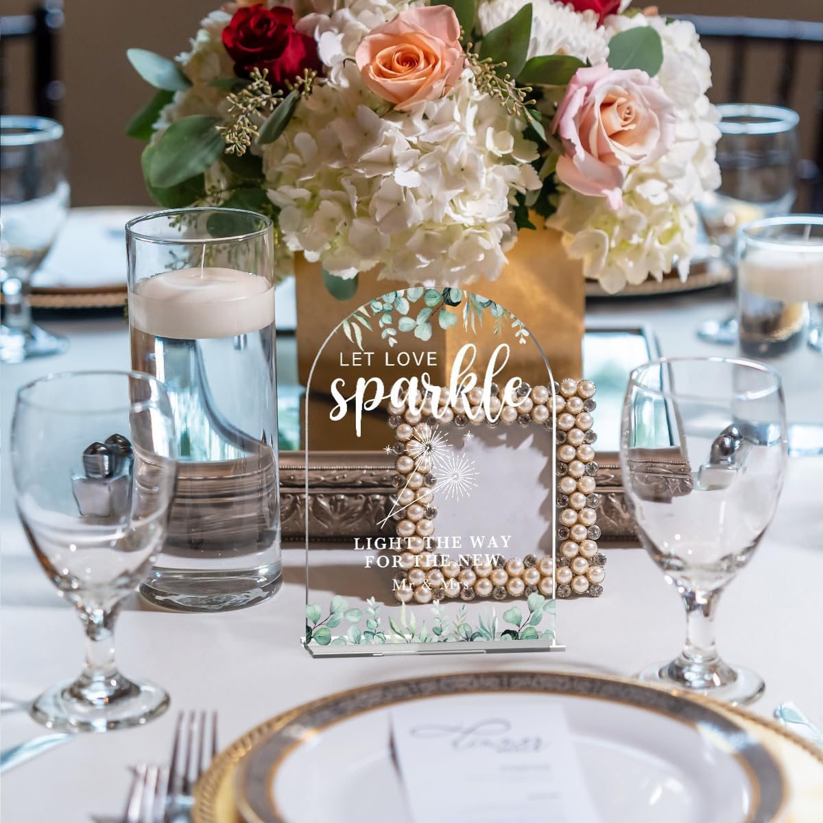 Acrylic Wedding Sign Let Love Sparkle Signs for Ceremony Modern Calligraphy Arch Acrylic Table Top Signs for Wedding Reception and Event Party Table Decor (Eucalyptus Leaves)