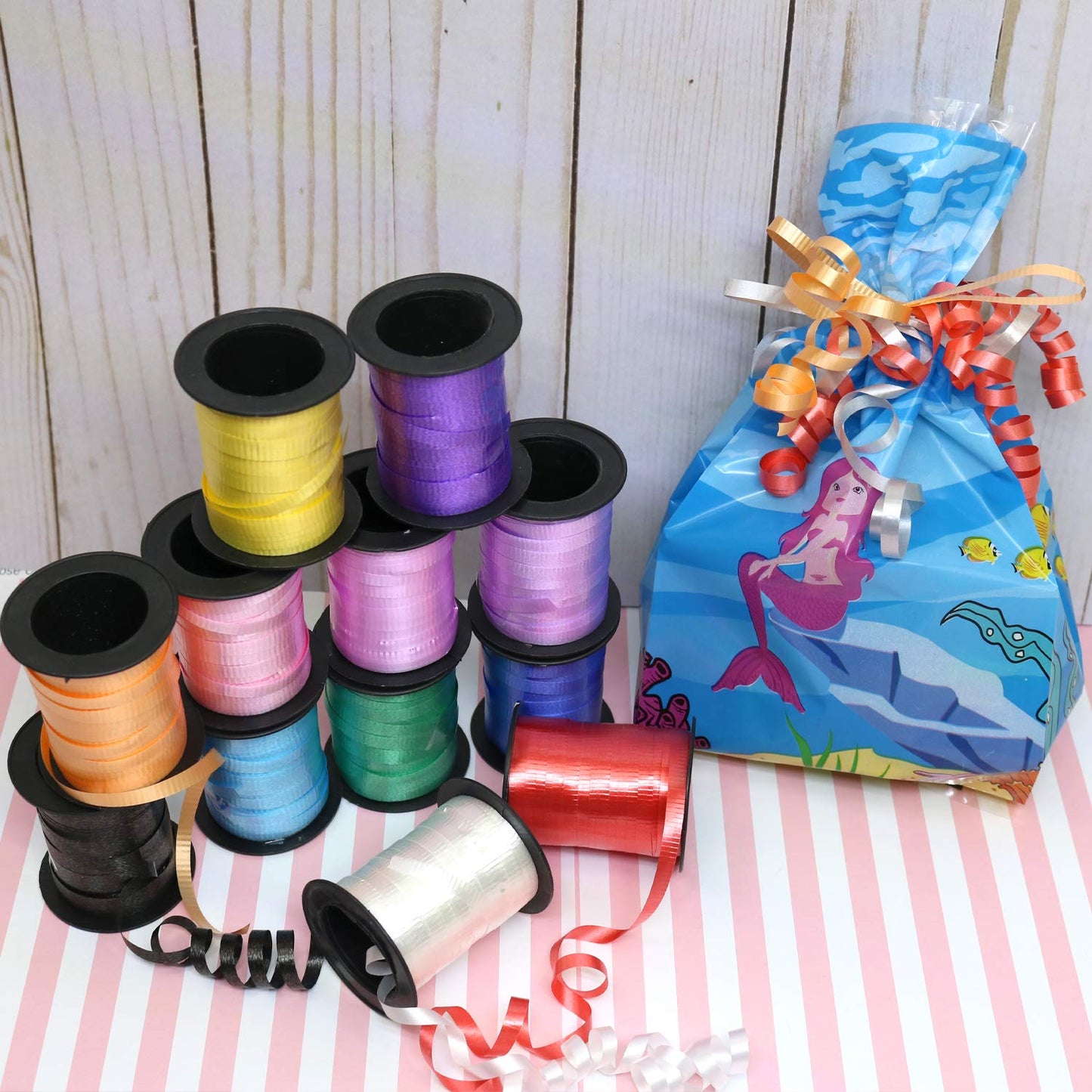GIFTEXPRESS 12 Rolls Crimped Curling Ribbon Balloon Strings, Assorted Vivid Colors, 3/16" x 720 Ft
