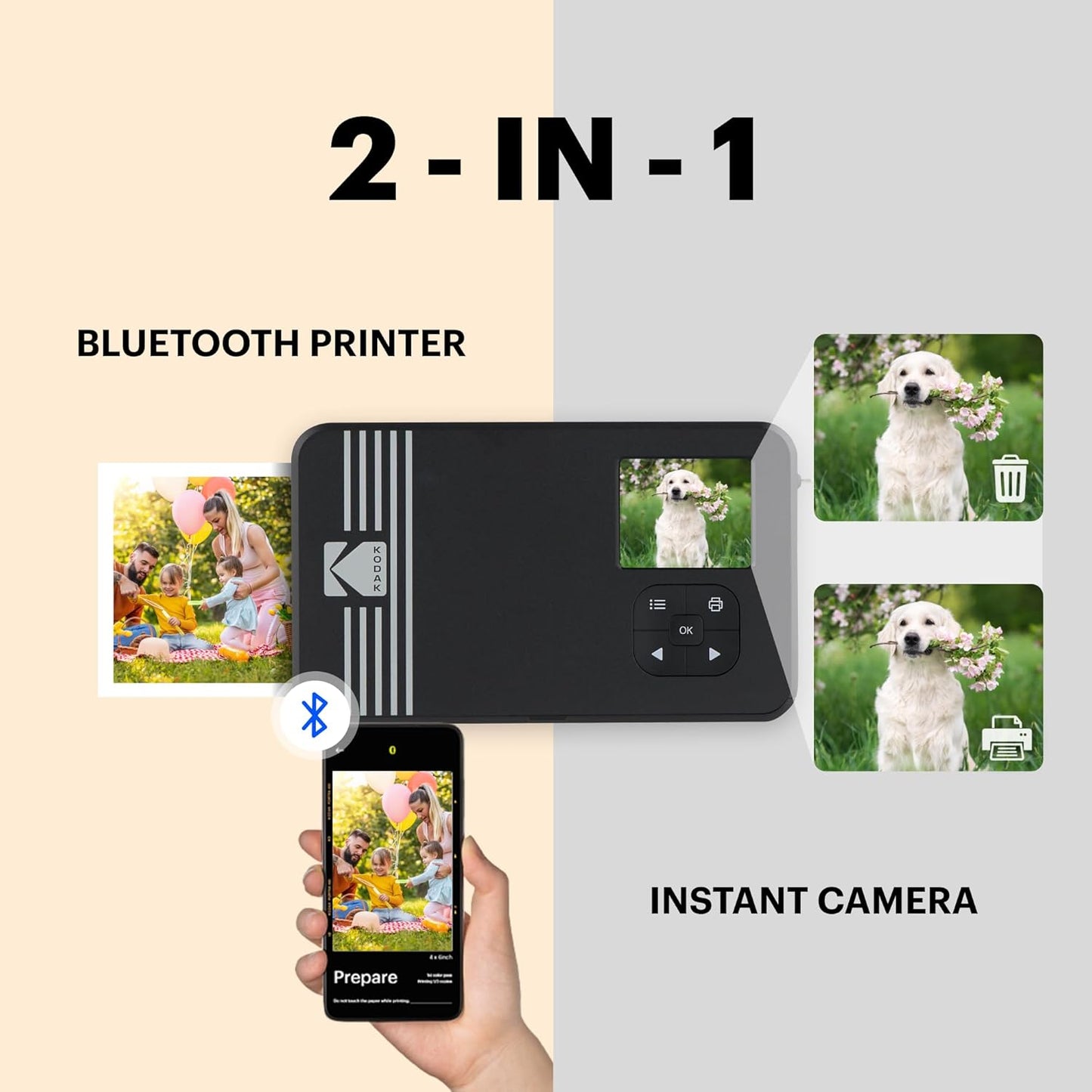 KODAK Mini Shot 2 Retro 4PASS 2-in-1 Instant Digital Camera and Photo Printer (2.1x3.4 inches) Initial 8 Sheets + 30 Sheets Gift Bundle, White