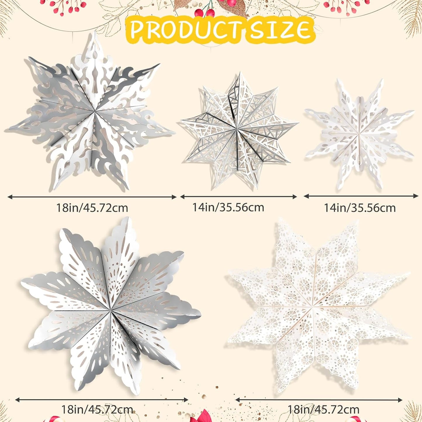 5 Pcs Christmas Paper Snowflake Lanterns, Large 3D Christmas Paper Star Lanterns with LED Lights, White Silver Hanging Snowflake Lamps for Xmas Winter Frozen Weddings Holiday Party Decorations