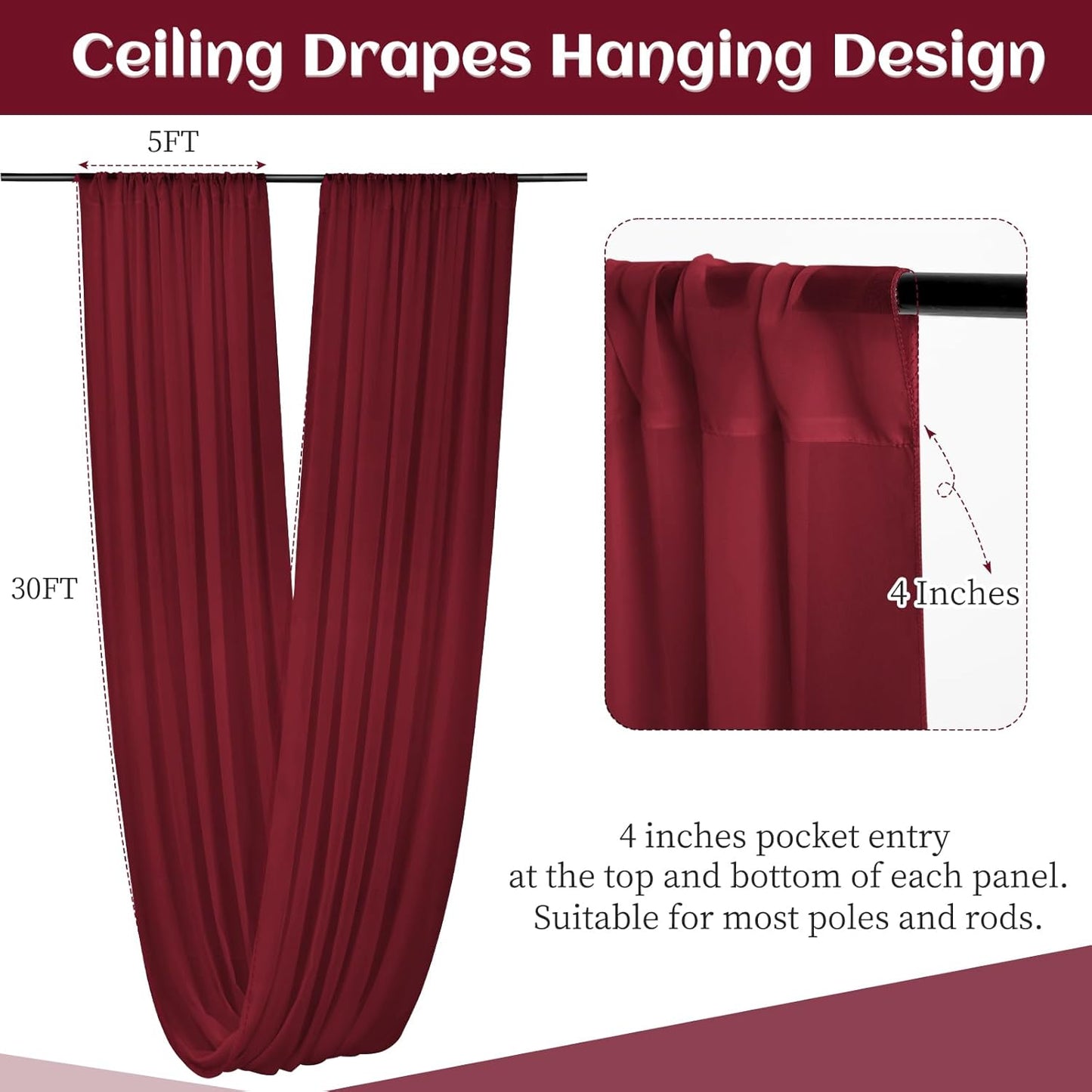 6 Panels Burgundy Wedding Ceiling Drapes 5ftx30ft Ceiling Drapes Chiffon Fabric Arch Draping Sheer Curtains Soft Drapery Draping Wedding Ceiling Decorations for Party Ceremony Stage Swag