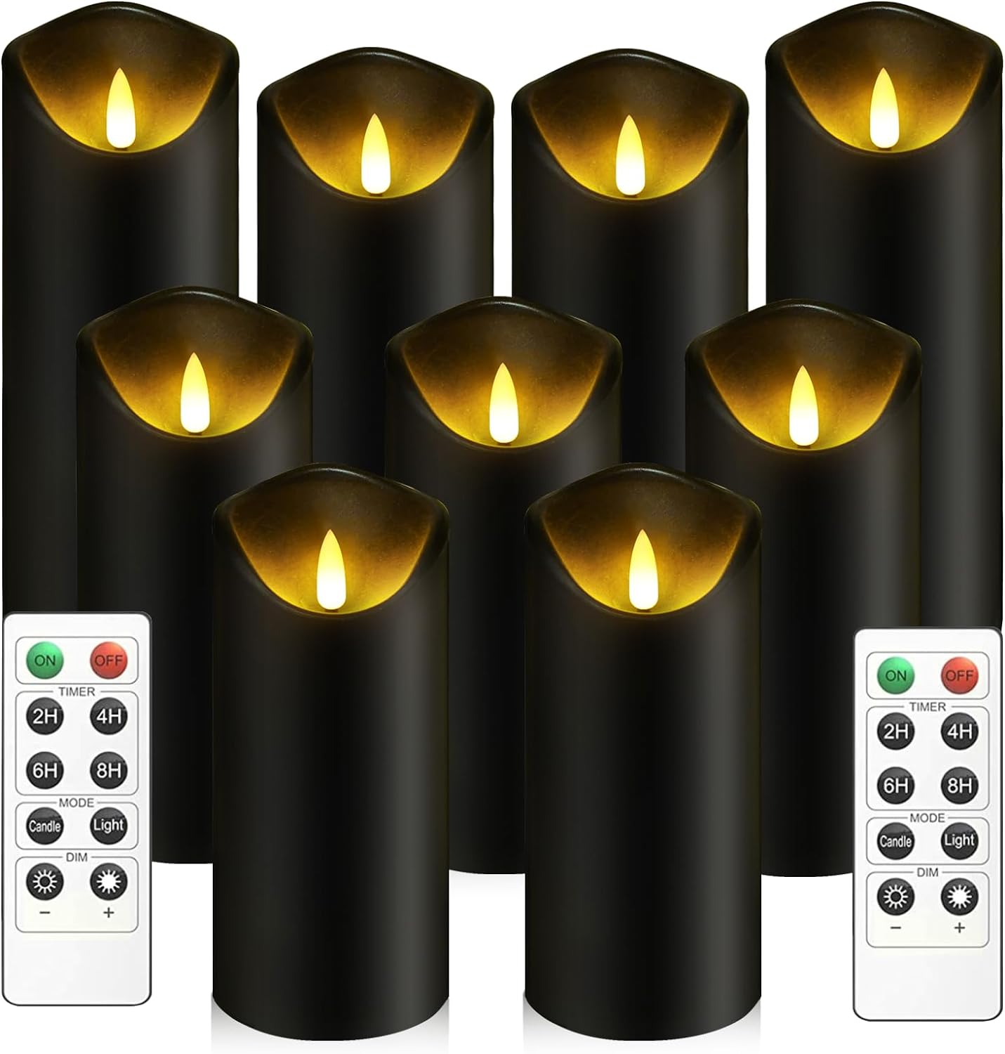 Flickering Flameless Candles, Battery Operated Acrylic LED Pillar Candles with Remote Control and Timer, Set of 9 (Black)
