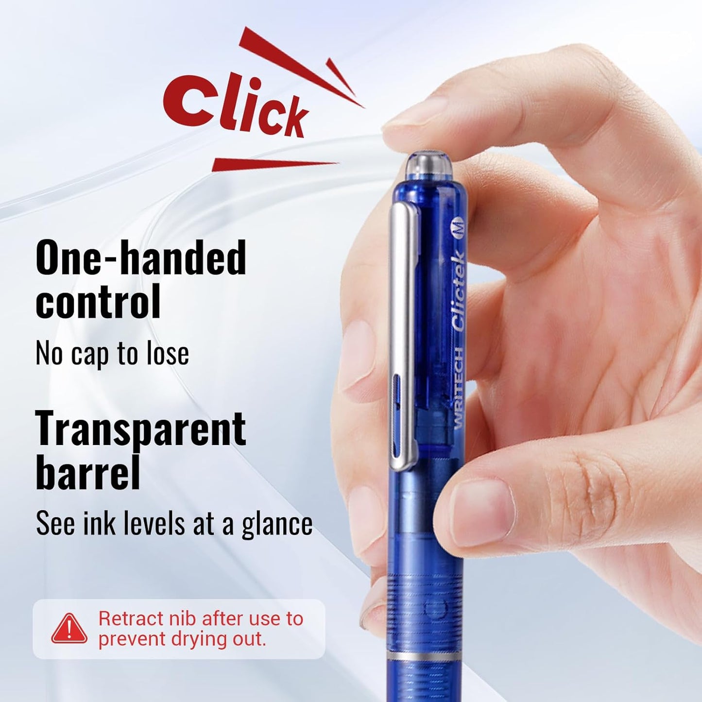 WRITECH Clictek Fountain Pen Retractable: Blue Ink Medium Nib Transparent Barrel, Gift Set Includes 5 Ink Cartridges for Smooth Writing No Leaking