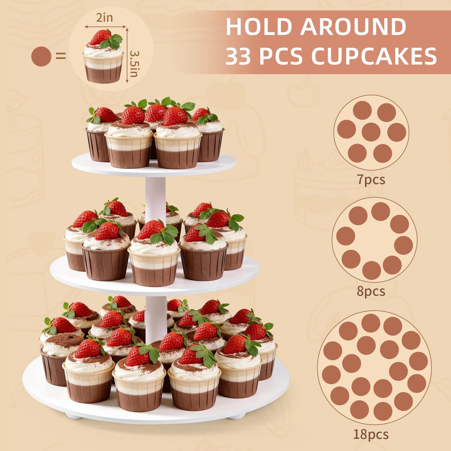 VIVIRBIEN 3-Tier Wood Cupcake Stand: 12in White Round stand for cupcake
