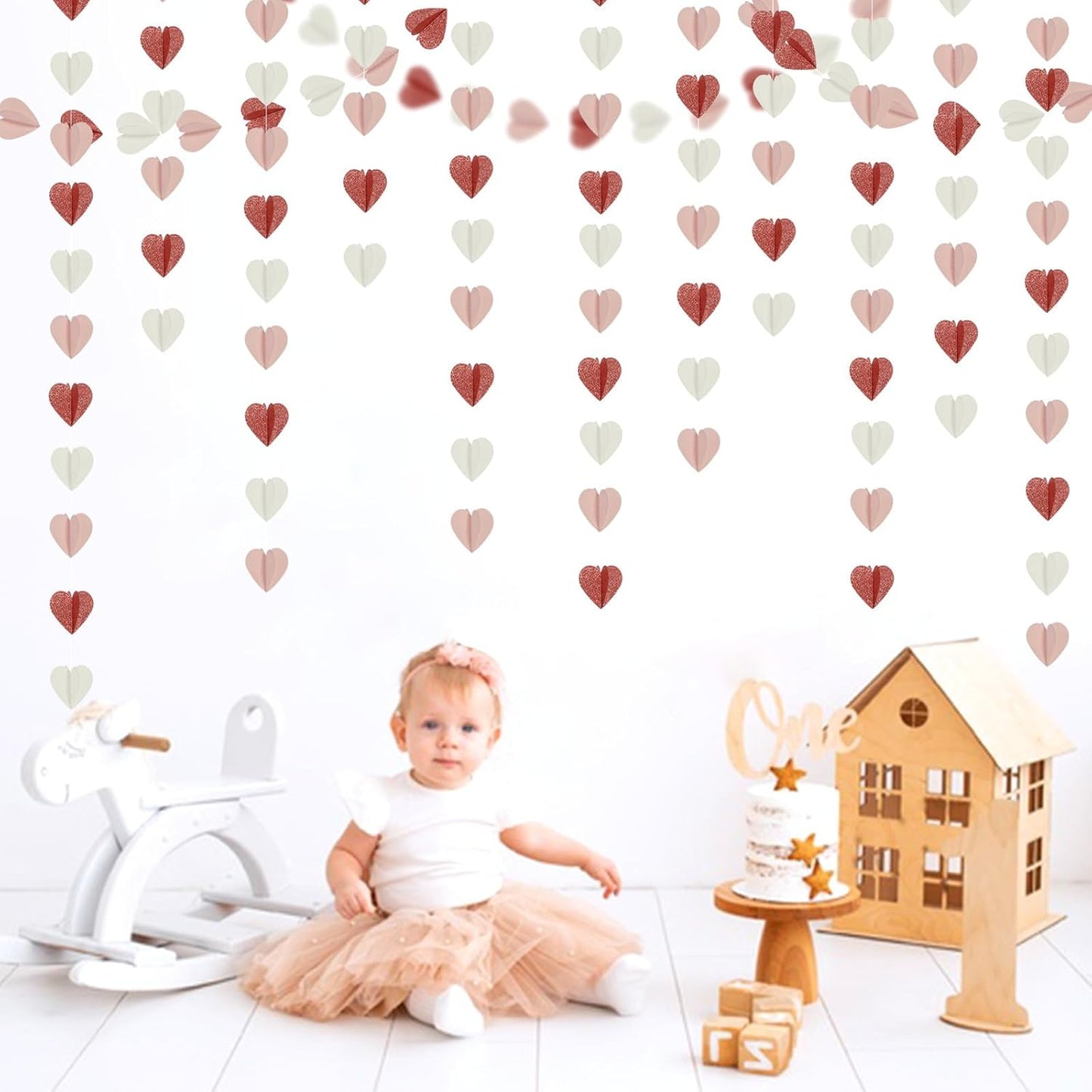 Rose-Gold Pink White 3D-Heart Garland - 39Ft Party Decorations Hanging Paper Streamers Banner,Engagement Wedding Bachelorette Baby Bridal Shower Decor Ouruola