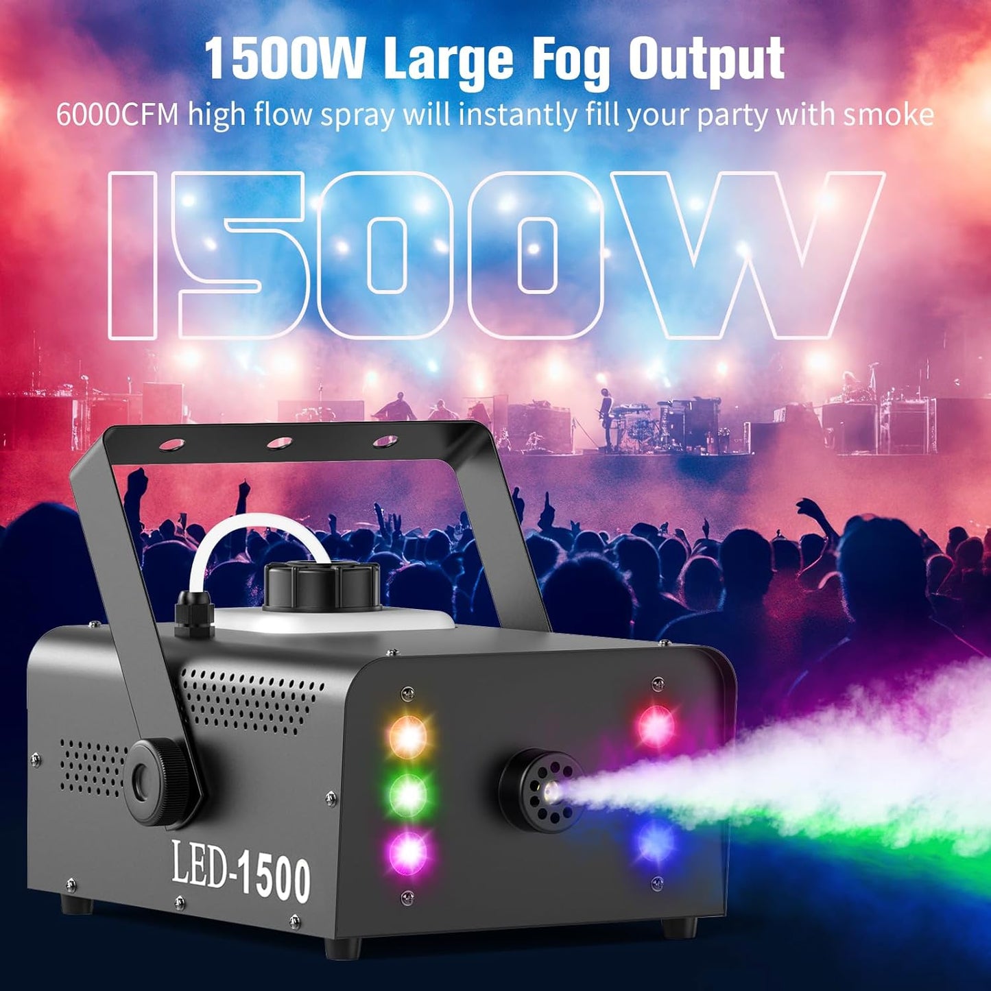 Fog Machine with 6 RGB LED Lights, 1500W Smoke Machine for Stage Party Halloween Christmas DJ Performance Wedding