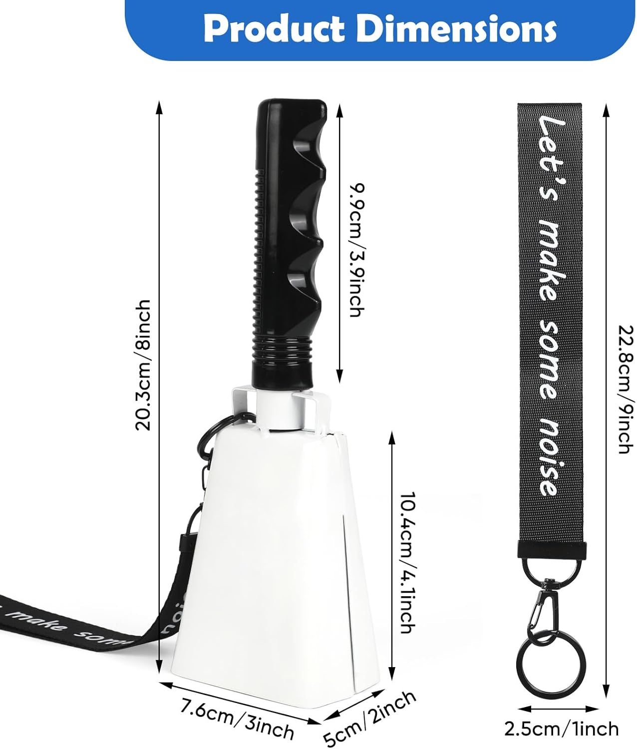 Cow Bells Noise Makers with Handle: Cowbells Hand Percussion for Sporting Events with Wrist Strap - 2pcs 8 Inch Large Loud Cheering Bell for Football Games Graduation (White)