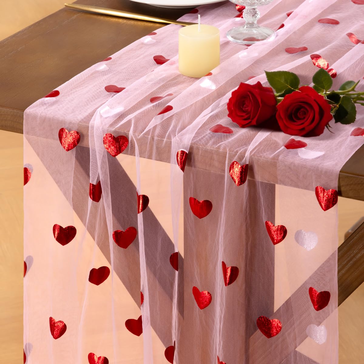 Gold Gauze Table Runner Red Heart Sheer Romantic Wedding Party Table Decor