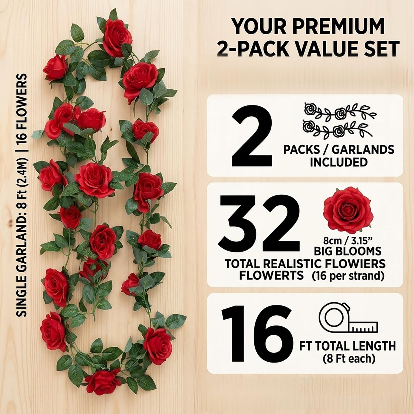 SWSTINLING 2 Pack 16FT Artificial Silk Rose Garland Vine