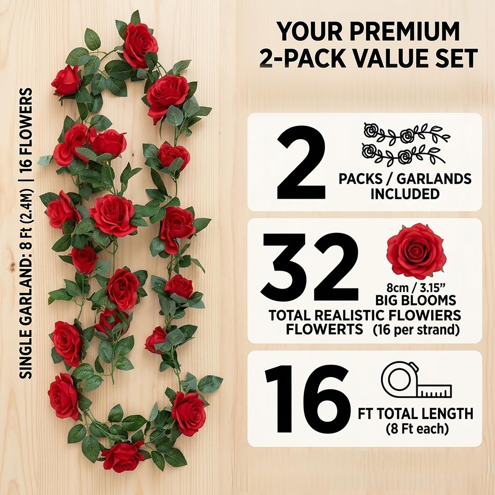 SWSTINLING 2 Pack 16FT Artificial Silk Rose Garland Vine