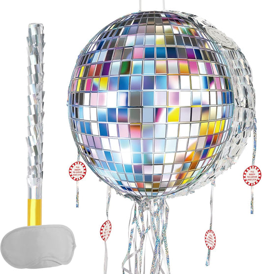WERNNSAI Disco Ball Piñata - Disco Party Decoration Pull String Mirror Piñata with Bat and Blindfold for Adult Birthday Party Supplies