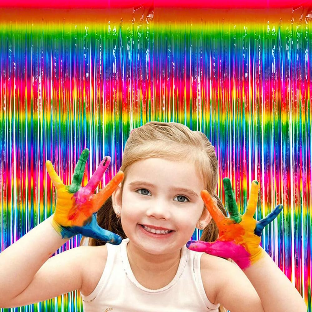BEISHIDA 2 Pack Dark Rainbow Colorful Foil Fringe Curtain, Assort Color Tinsel Metallic Curtains Photo Backdrop for Birthday Party Wedding Engagement Bridal Shower