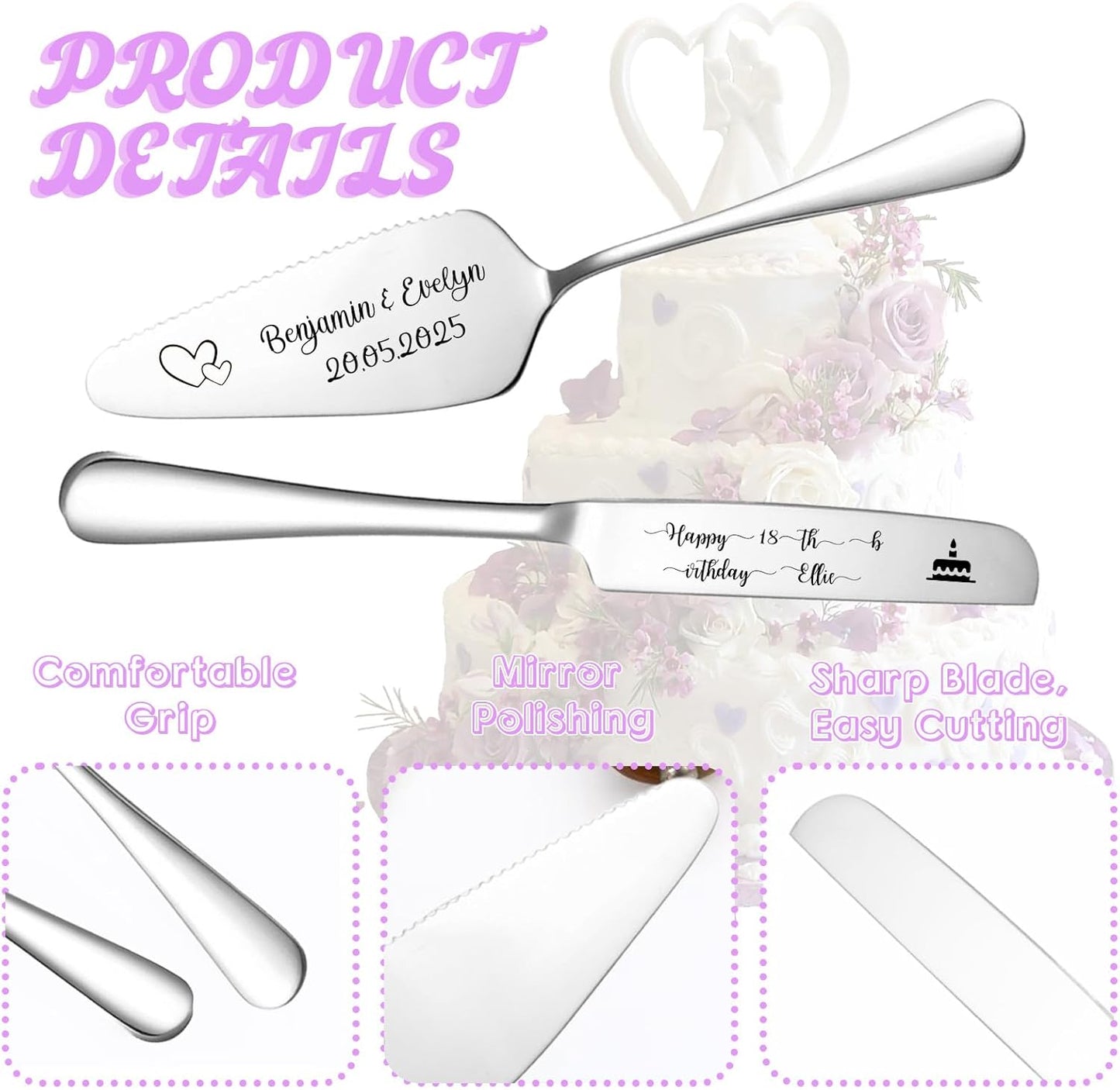 Custom Wedding Cake Knife and Server Set,Personalised Cake Serving Kit,Engraved Cake Cutting Set for Wedding,Personalized Gift for Anniversary, Valentine's Day Birthday or Christmas