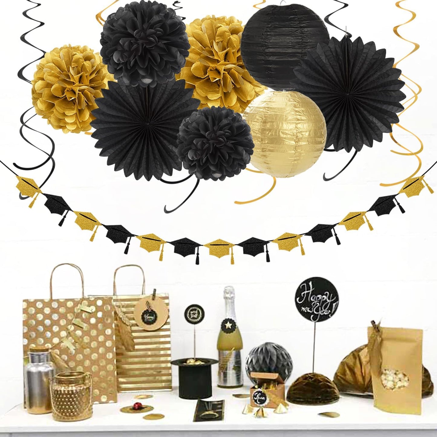 Black-Gold 2025 Class-Congratulations Graduation Party-Decorations - 22pcs High School College Grad Prom Supplies Decor, Tissue Pom Poms Streamers, Paper Flowers Lanterns Hugmoon