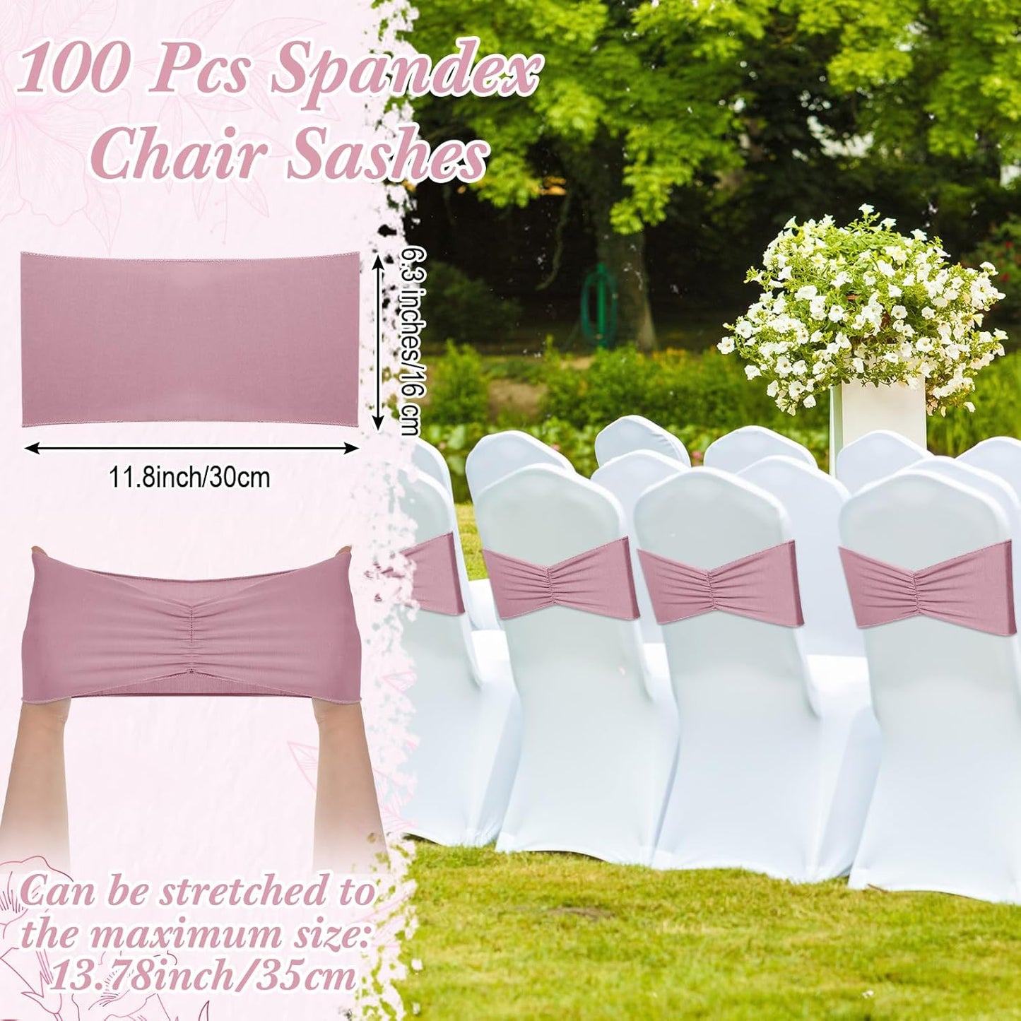 Moukeren 100 Pcs Spandex Chair Sashes Bows Bands Slider Sashes for Chair Covers Elastic Bands Ties Ribbon Decorations for Wedding Party Events Ceremony Birthday Banquet(Dusty Pink)