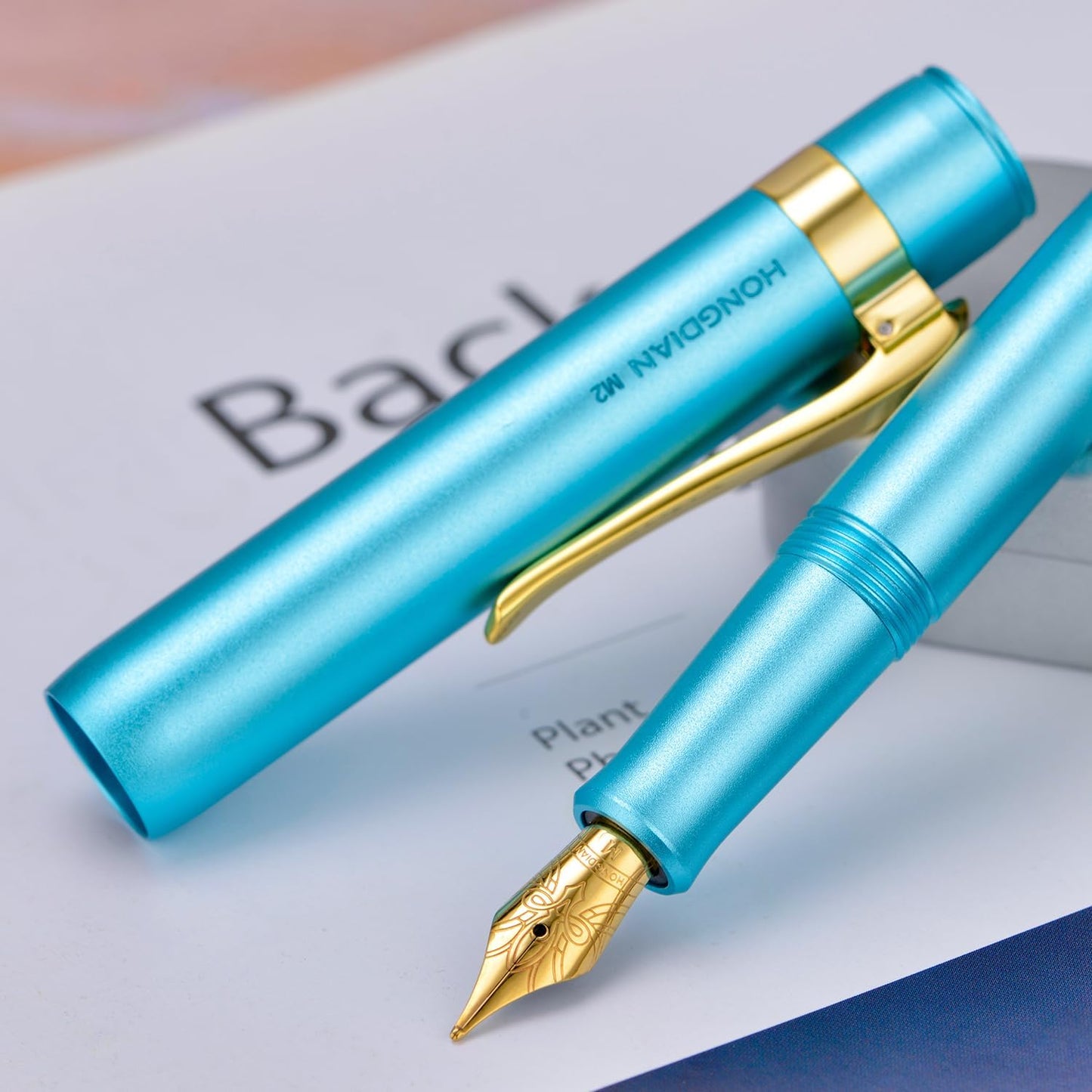 HONG DIAN M2 Black Forest Mini Fountain Pen, Bent Nib & Sleek Shape Aluminium Short Pocket Travel Pen (Lake Blue)