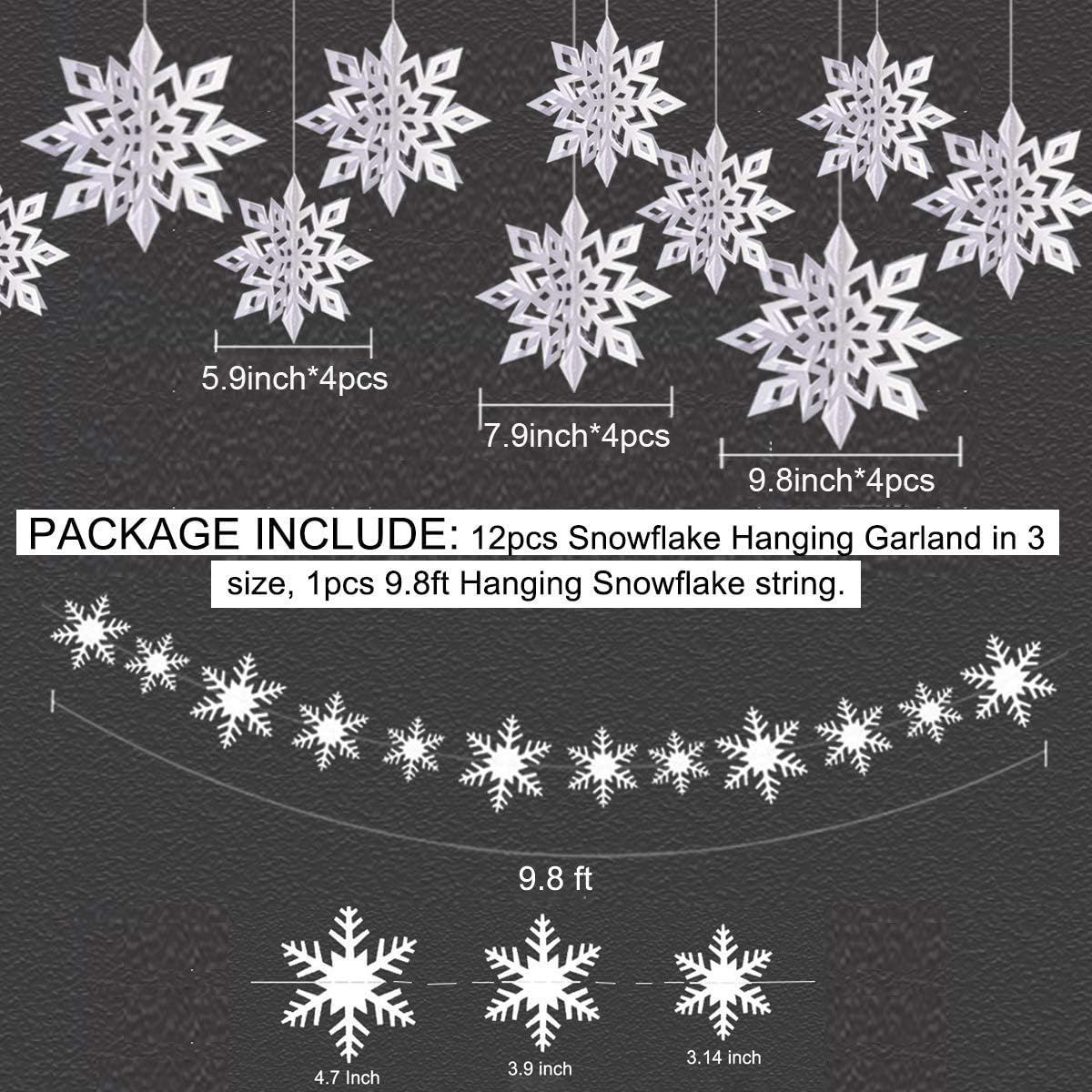 OuMuaMua Winter Christmas Hanging Snowflake Ornaments, 12PCS Snowflakes Garland & 12PCS 3D Glittery