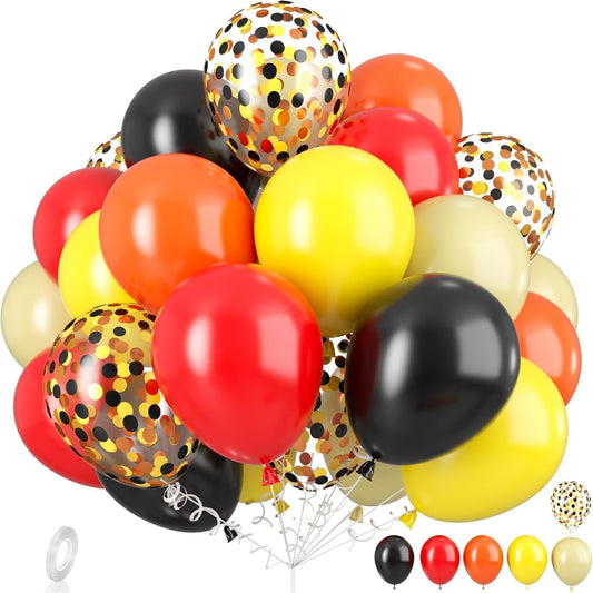 Orange Red Yellow Black Balloons, 12 Inch Colorful Latex Balloons with Black Yellow Confetti Balloon, for Race Car Construction Birthday Baby Shower Carnival Party Decorations